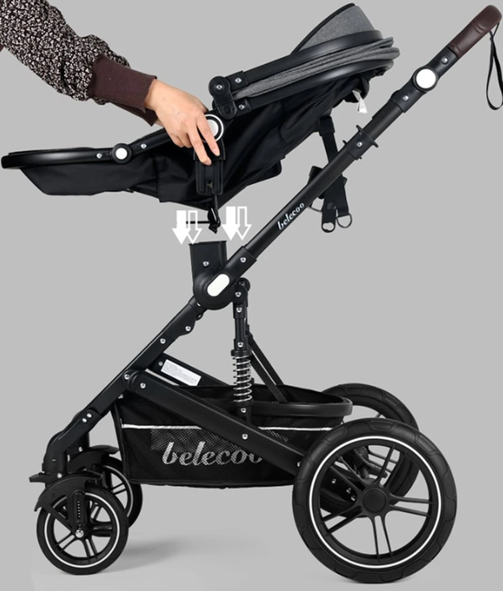 Belecoo - Luxe Kinderwagen - 3-in-1 Buggy - Opklapbare Wandelwagen - Autostoel - Wieg - Multifunctioneel - Zwart - Afbeelding 4