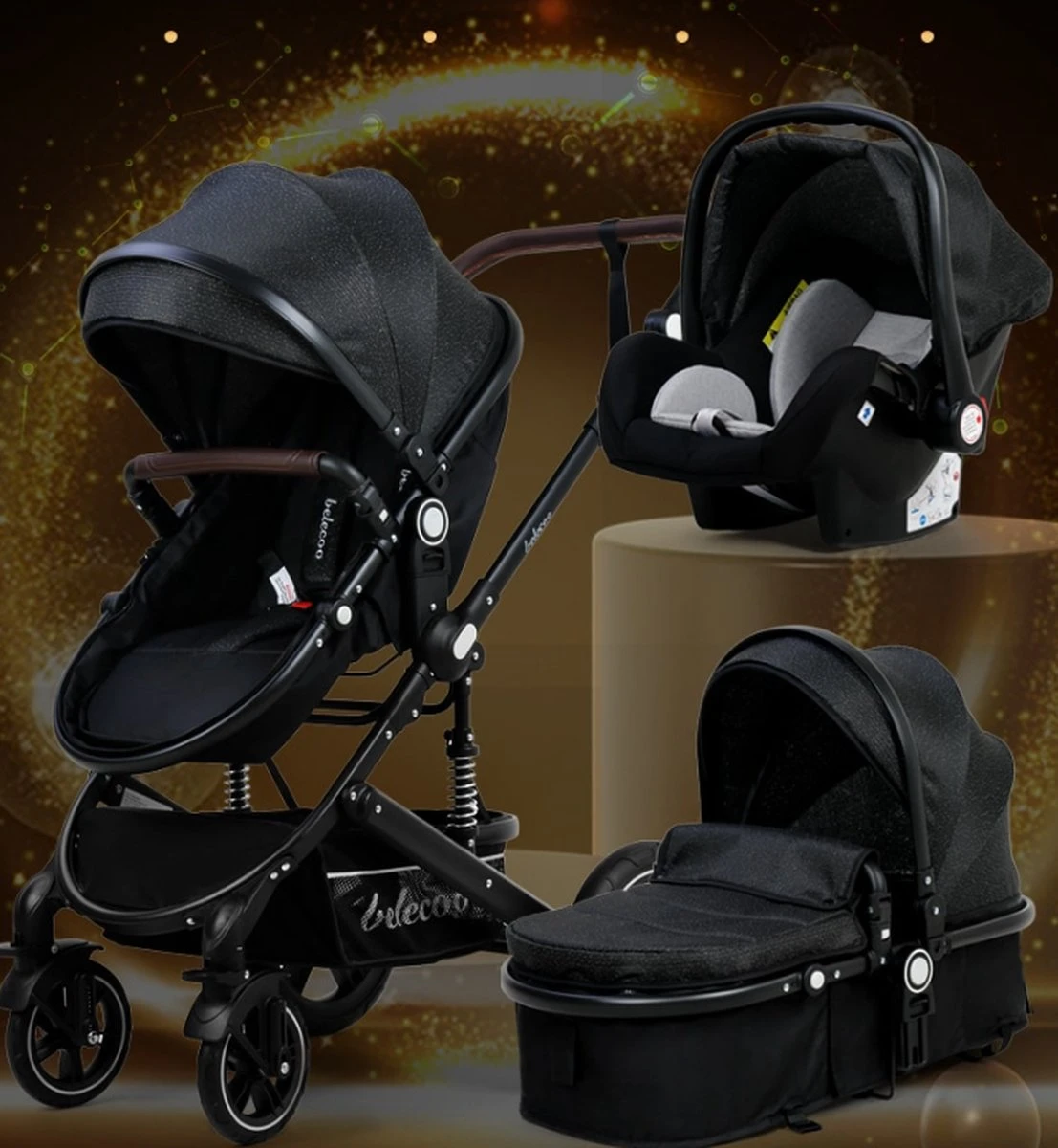 Belecoo - Luxe Kinderwagen - 3-in-1 Buggy - Opklapbare Wandelwagen - Autostoel - Wieg - Multifunctioneel - Zwart - Afbeelding 6