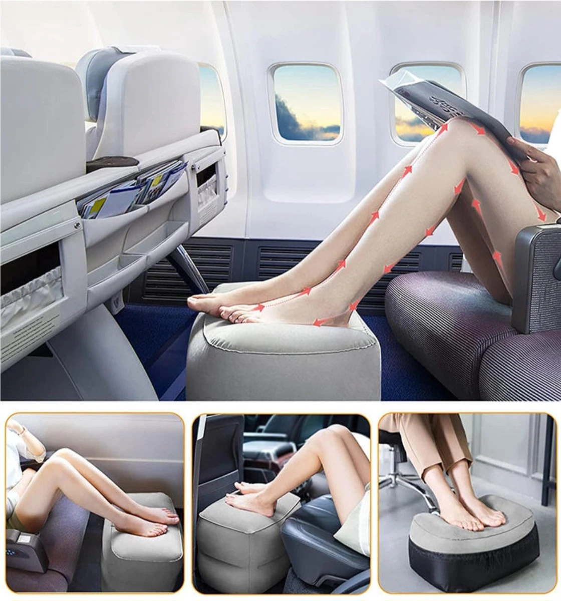 Merkloos Vliegtuigbedje - Voetkussen Opblaasbaar - Voetensteun - Voetenbankje - 3 Hoogte Standen - Reiskussen - Afbeelding 2