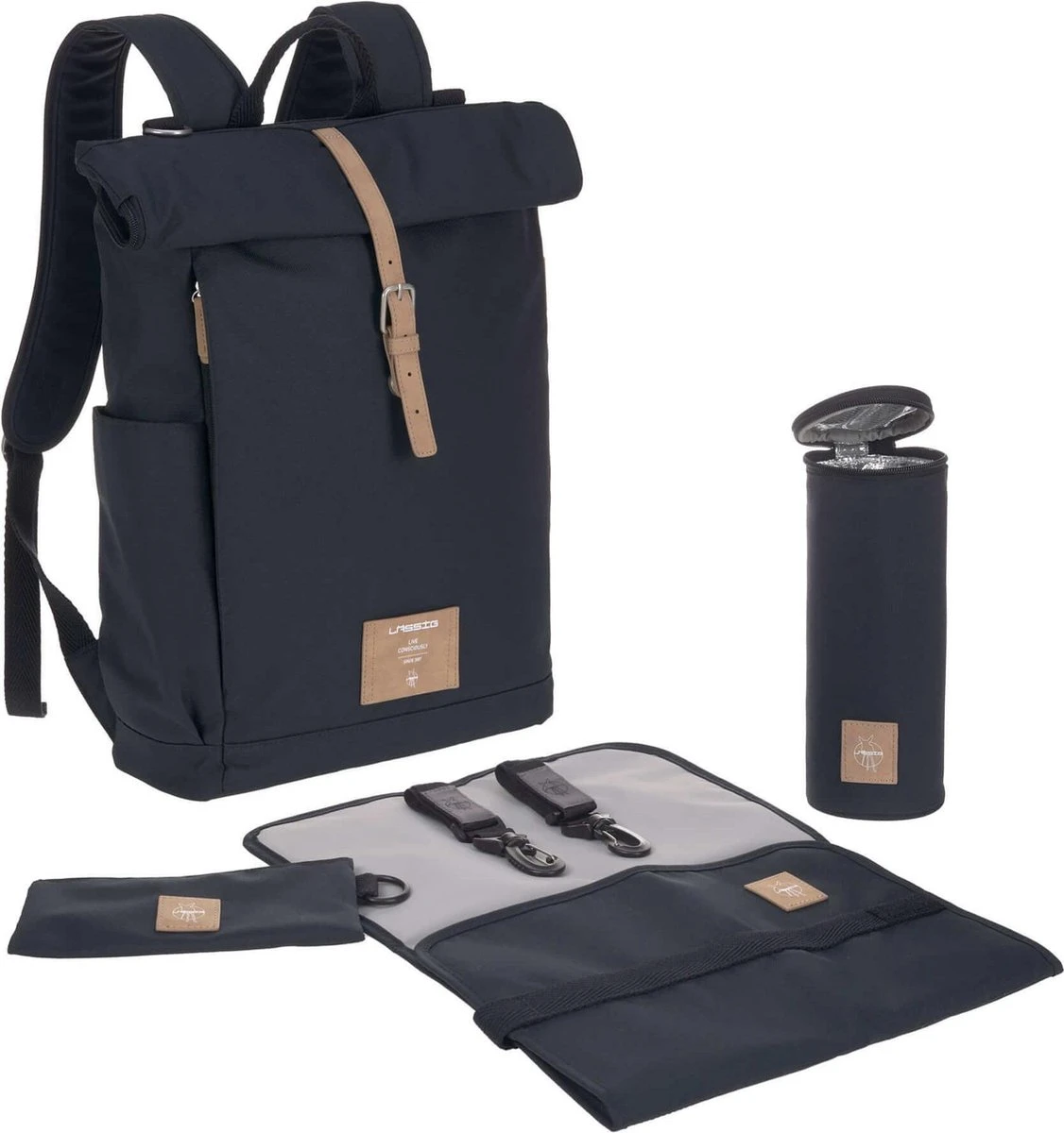 LÄSSIG Luiertas Rolltop Backpack Rugzak Incl Verschoningsmatje - Nacht Blauw - Afbeelding 5