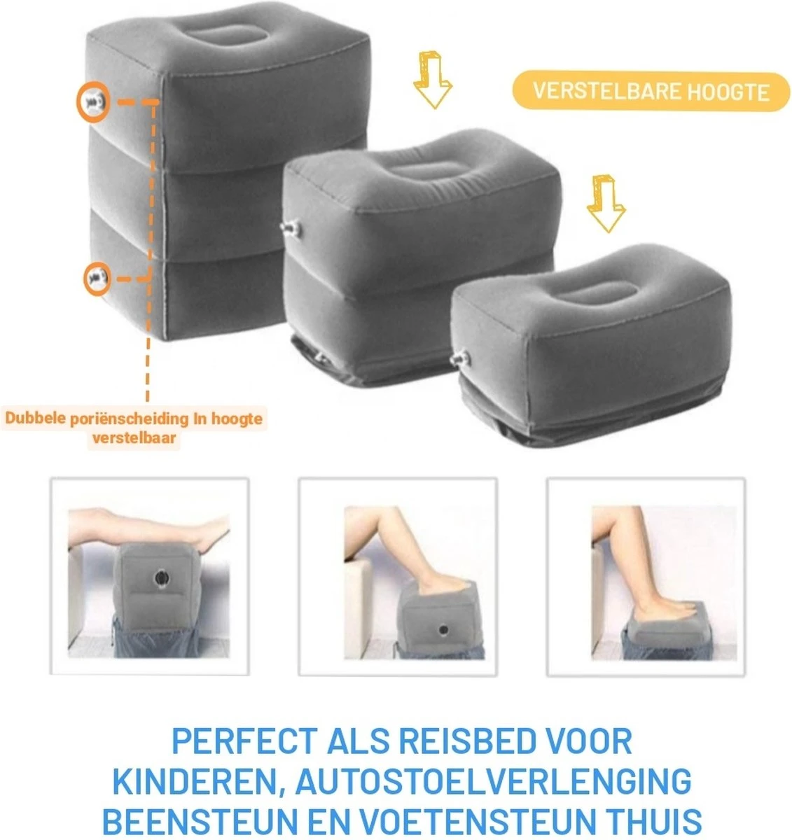 Merkloos Vliegtuigbedje - Voetkussen Opblaasbaar - Voetensteun - Voetenbankje - 3 Hoogte Standen - Reiskussen - Afbeelding 3