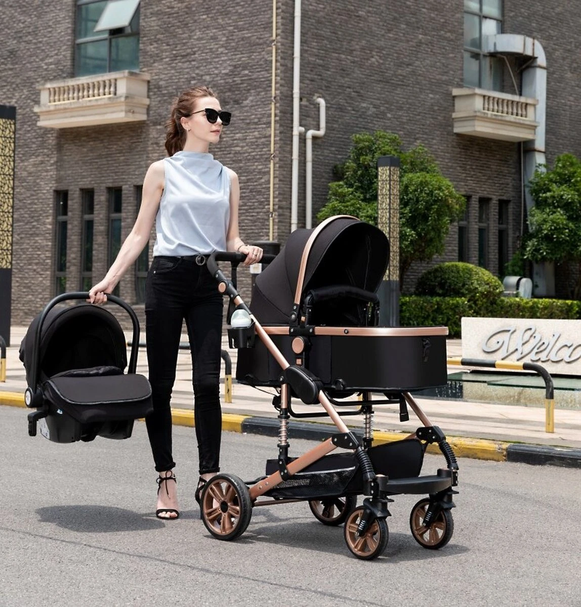 Luxe Kinderwagen 3 In 1 - Wandelwagen - Kinderwagen 3-in-1 Incl Autostoel - Kinderwagen Maxi Cosi – Buggy 3 In 1 - Newborn - Zwart/goud - Afbeelding 6