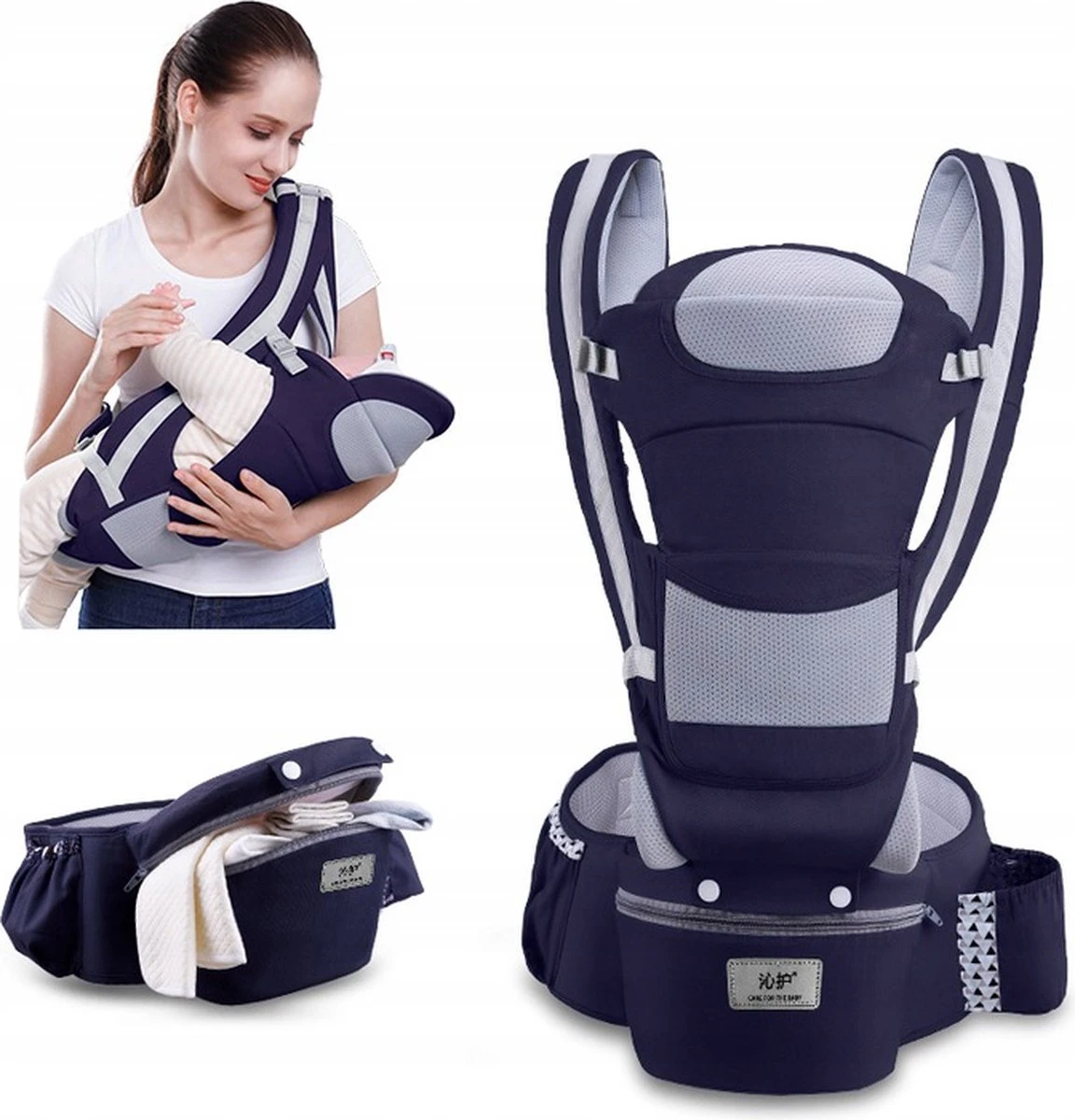 Merkloos Ergonomische Babydraagzak - 15 In 1 - Donkerblauw - 0 Tot 48 Maanden - Babydrager -Buikdrager En Rugdrager - Baby Draagzak - Ergonomisch - Heupdrager