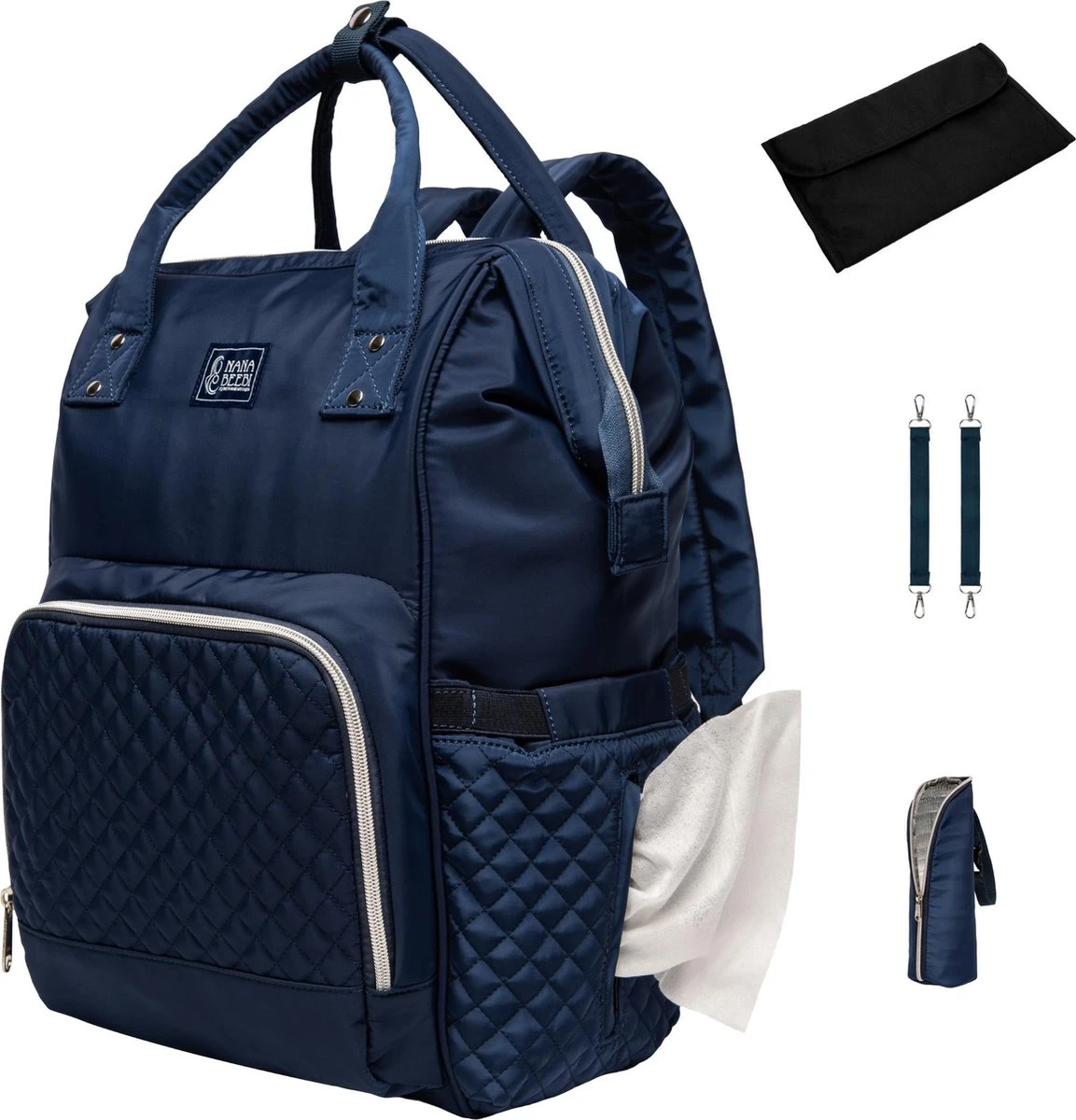 NanaBeebi Luiertas Rugzak Met Verschoonmatje - Blauw - Inclusief Flessenwarmhouder - Kinderwagenhaken En Isoleervak