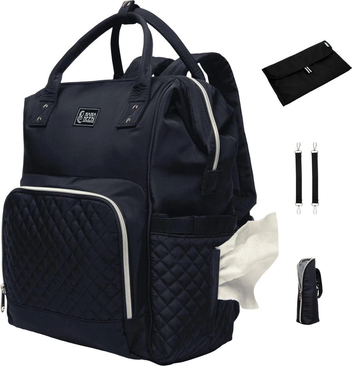 NanaBeebi Luiertas Rugzak Met Verschoonmatje - Zwart - Inclusief Flessenwarmhouder - Kinderwagenhaken En Isoleervak