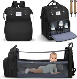 Merkloos Luiertas Rugzak - Luiertassen Met Babybed - Grote Luiertas Met Wieg - Luiertas Verzorgingstas Met Babybedje - Verzorgingsrugzak - Zwart