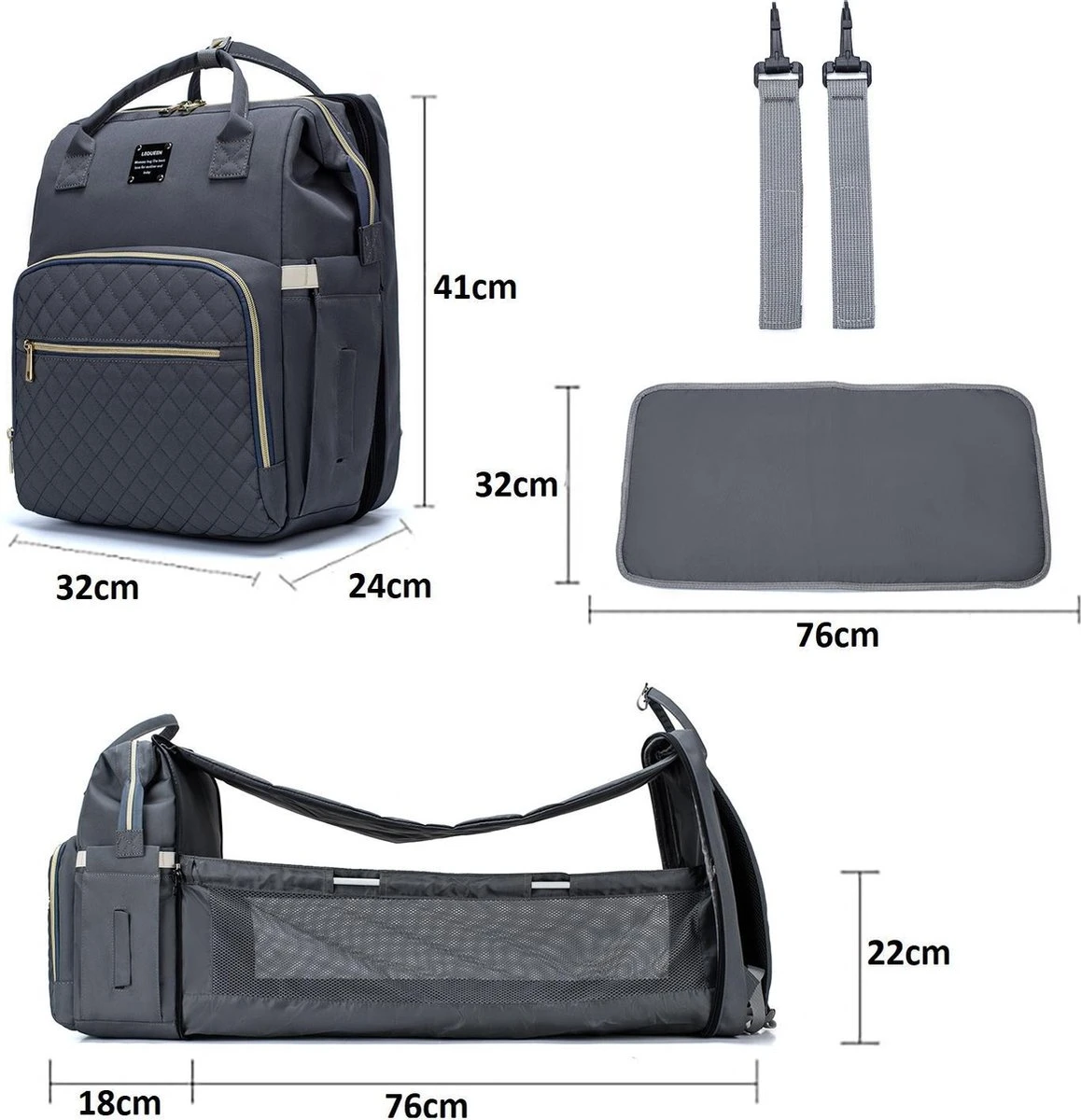 Luiertas - Multifuctioneel Luiertas 3 In 1 - Met Babybedje - Met Verschoningsmatje - Grijs - Met Usb - Met Verdikt Matras - Afbeelding 6