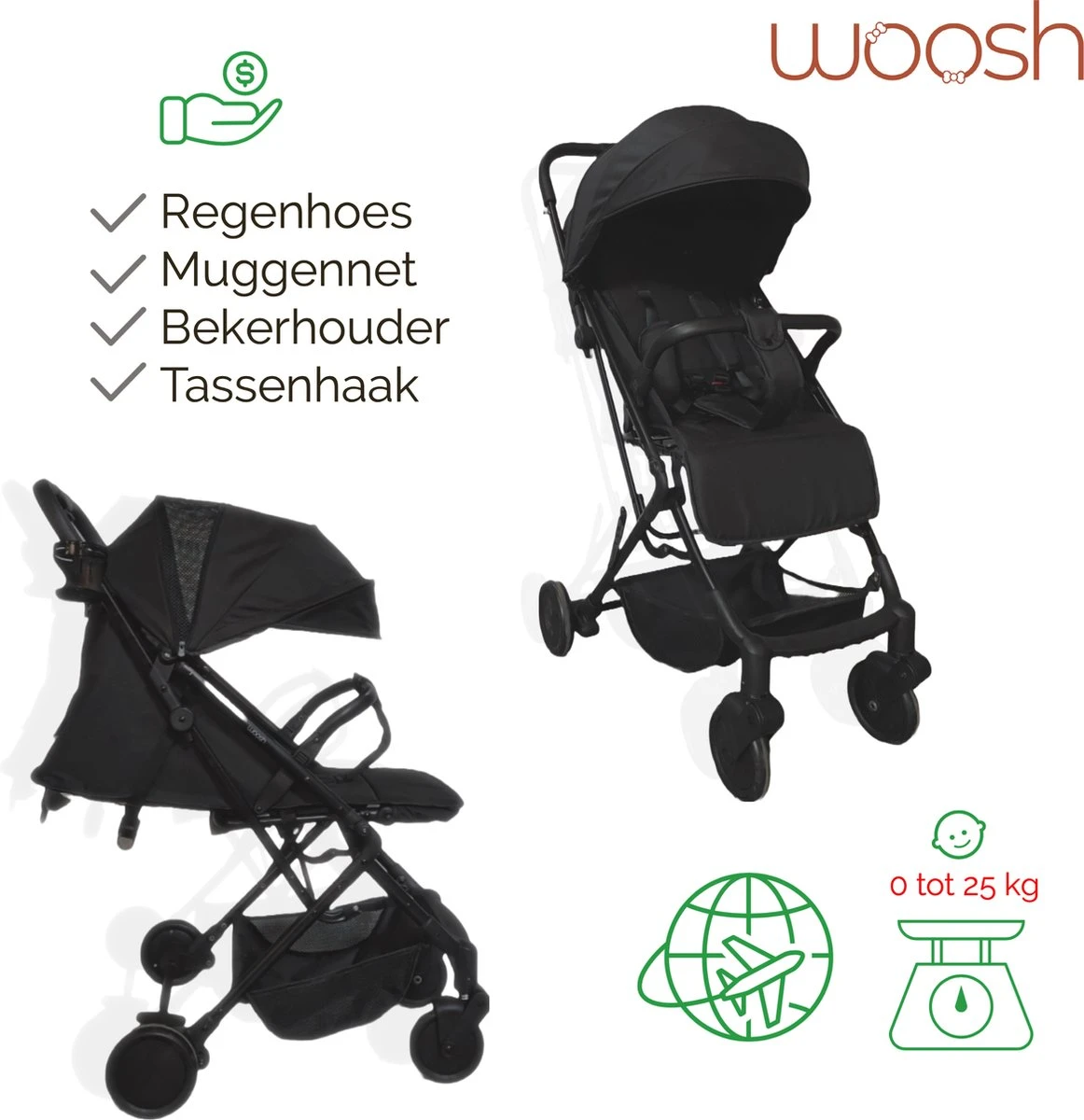 WOOSH New Buggy - Zwart - One Hand Folding - 3 Slaapstanden - Wandelwagen Tot 25 Kg - Regenhoes - Bekerhouder - Muggennet