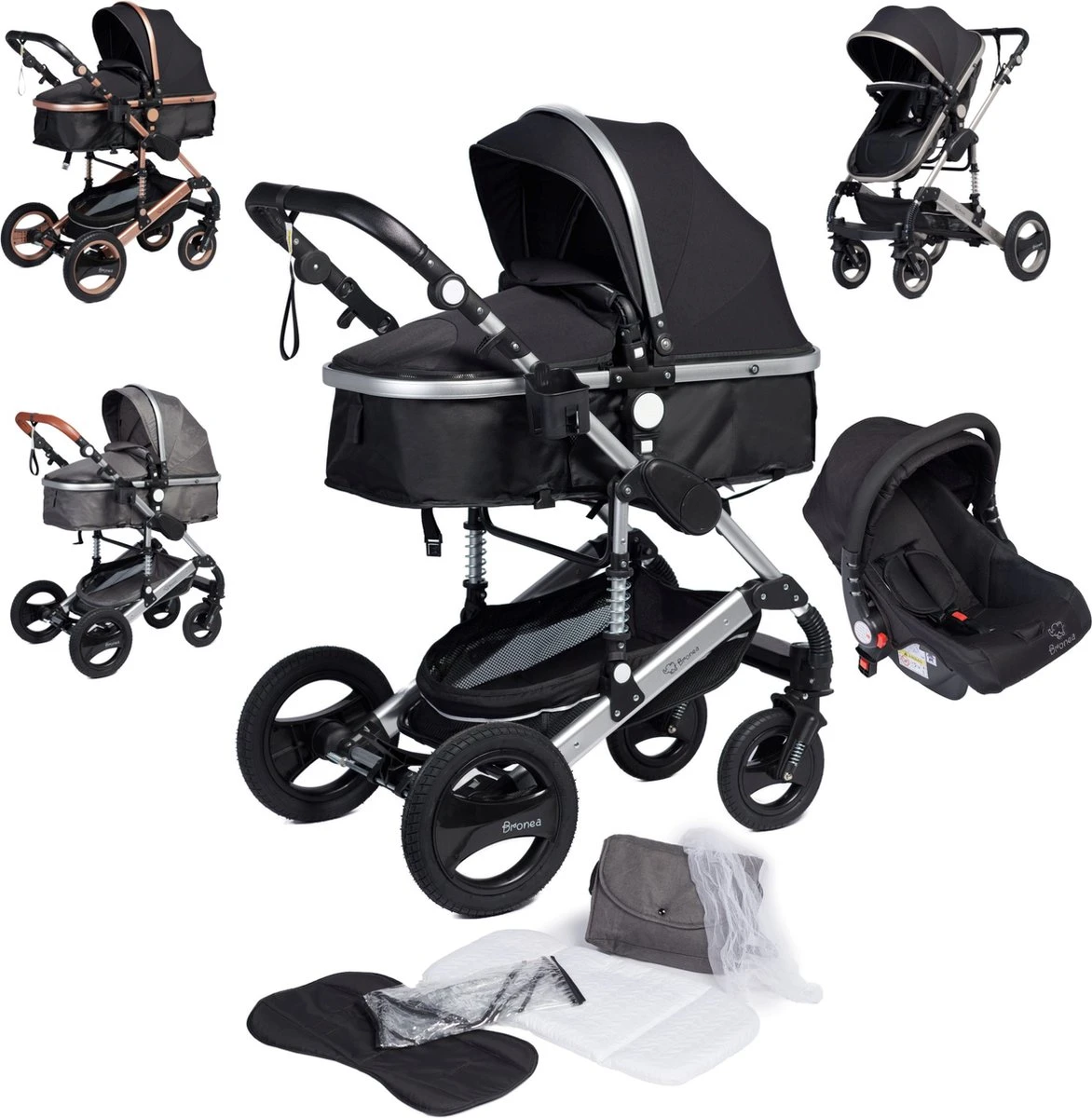 Bronea EXQUISE Luxe Multi-functionele Kinderwagen 3 In 1 | Zwart / Silver | Incl. MATRAS, Buggy, Autostoel, Luiertas, Regenhoes, Voetenwarmer, Muggen Net & Zonneklep