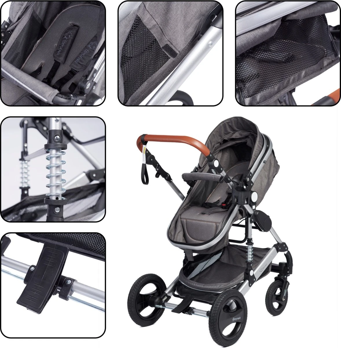 Bronea EXQUISE Luxe Multi-functionele Kinderwagen 3 In 1 | Zwart / Silver | Incl. MATRAS, Buggy, Autostoel, Luiertas, Regenhoes, Voetenwarmer, Muggen Net & Zonneklep - Afbeelding 5