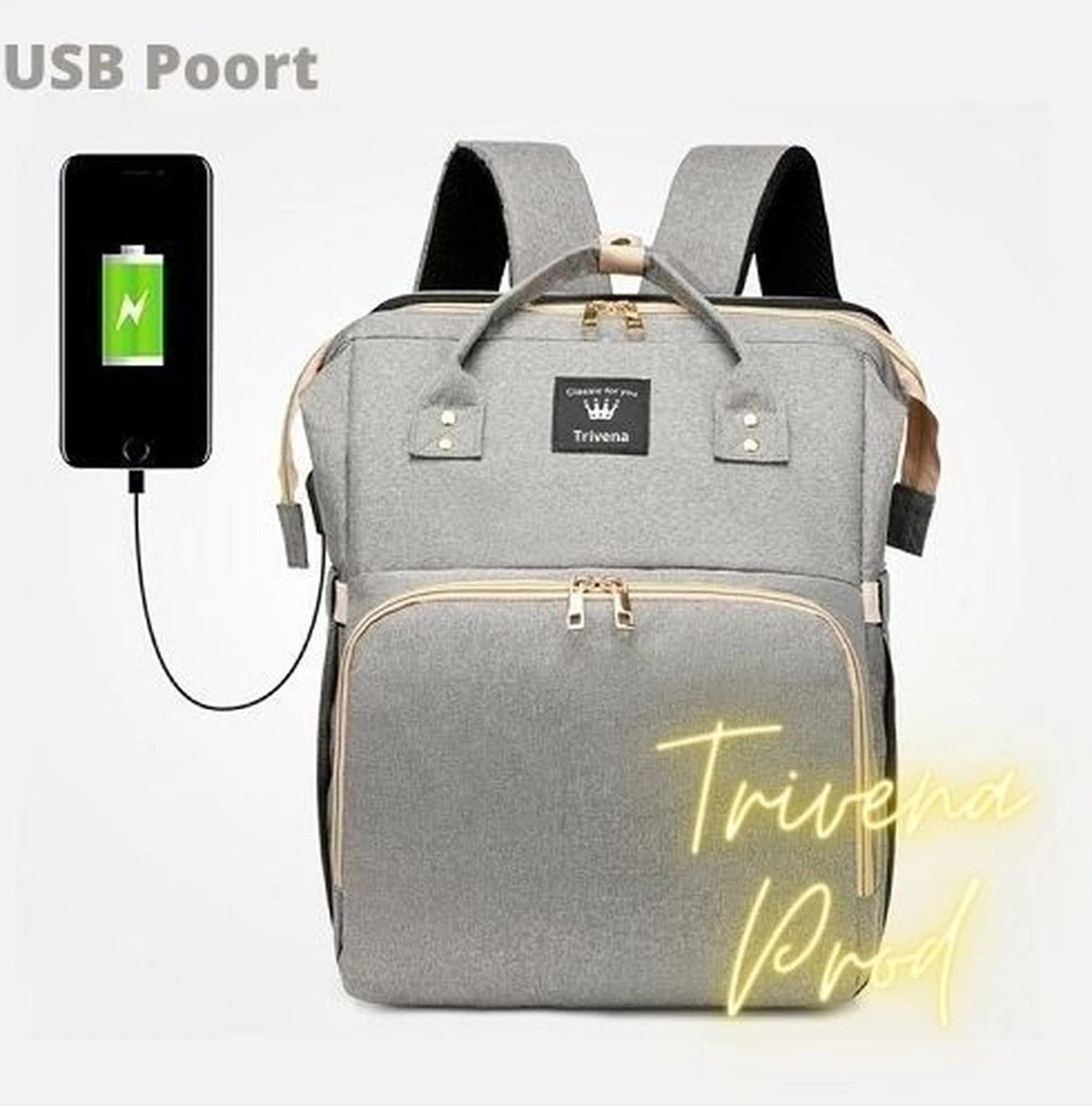 Luier- En Verzorgingstas - Luiertassen - Baby Rug Tas Met Isoleervak - Incl Flessen Verwarmer - Luiertas - Unisex/Jongens/Meisjes - Grijs - Luier Tas - Verzorgingstas Baby - Uitschuifbaar Verschoon/ Slaap Bedje - Incl Matrasje Baby - USB Poort - Afbeelding 7