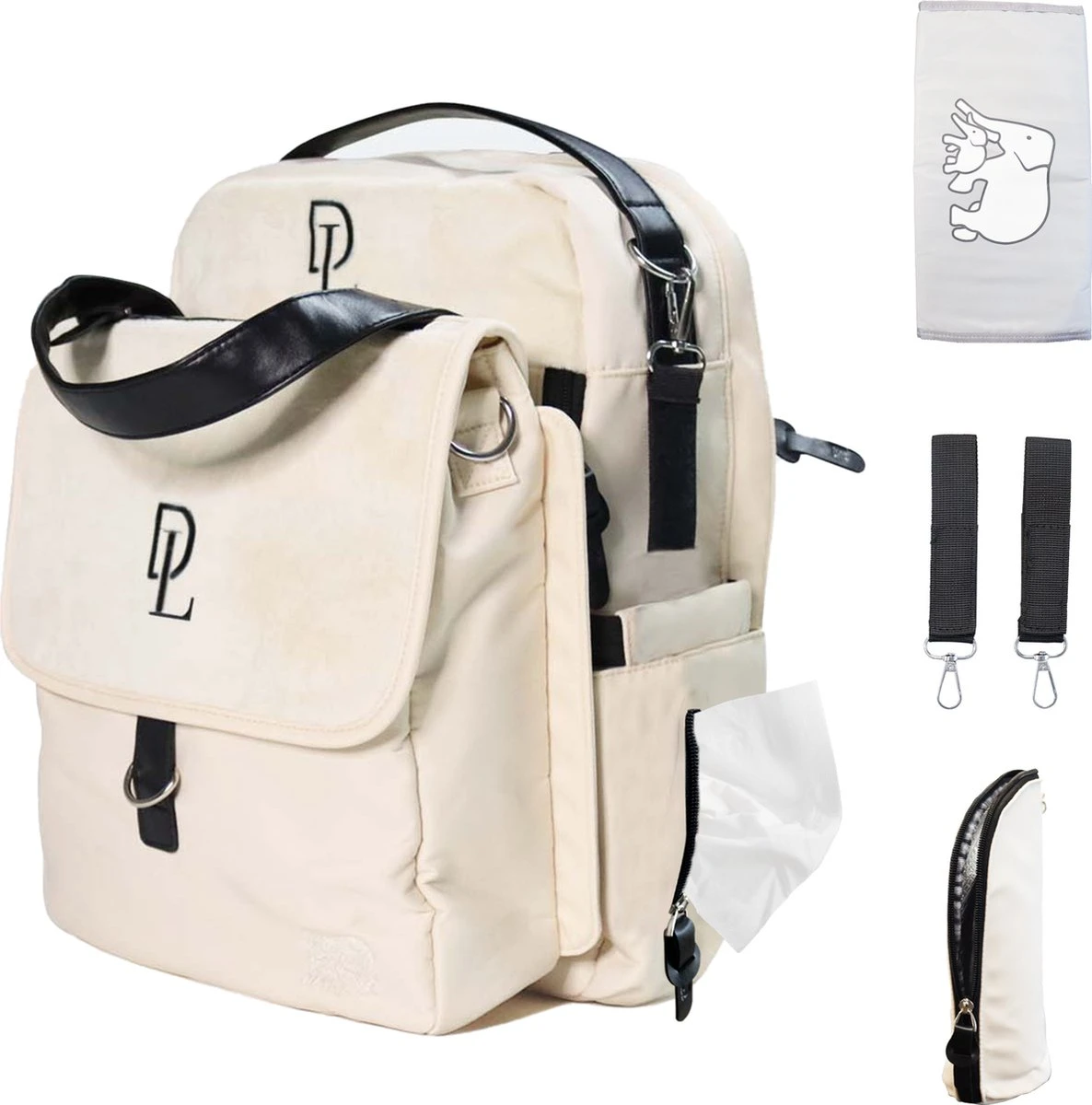 Deryan Luiertas Rugzak Met Verschoonmatje - Inclusief Flessenwarmhouder - Kinderwagenhaken En Isoleervak - Cream