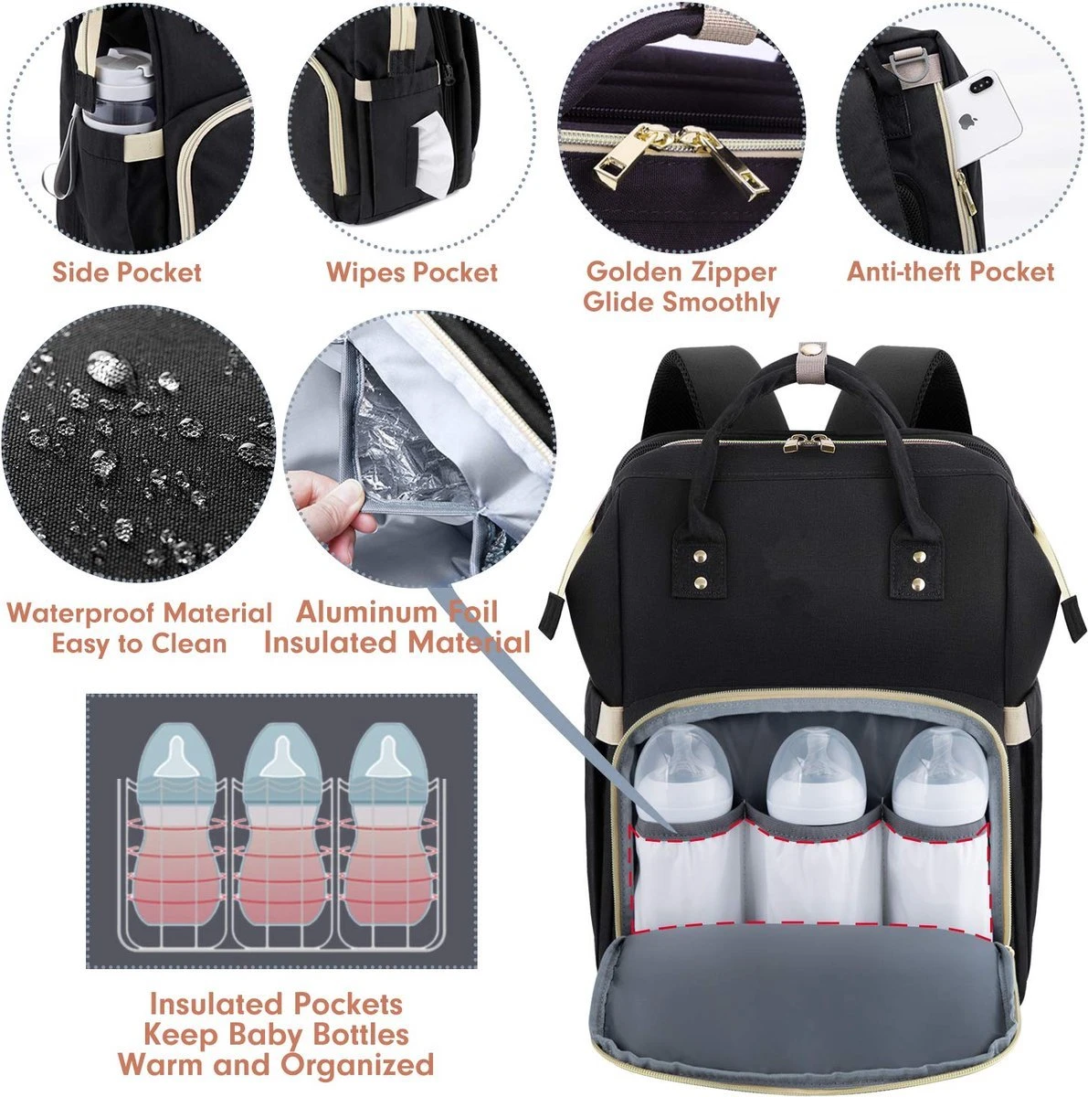 Merkloos Luiertas - Luier- En Verzorgingstas - Baby Rug Tas Met Isoleervak - Kerstcadeau Diaper Backpack Bag - Reis Rugzak Inclusief Buggy En Kinderwagen Haken - Grote Capaciteit - Unisex/Jongens/Meisjes - Zwart - Afbeelding 3