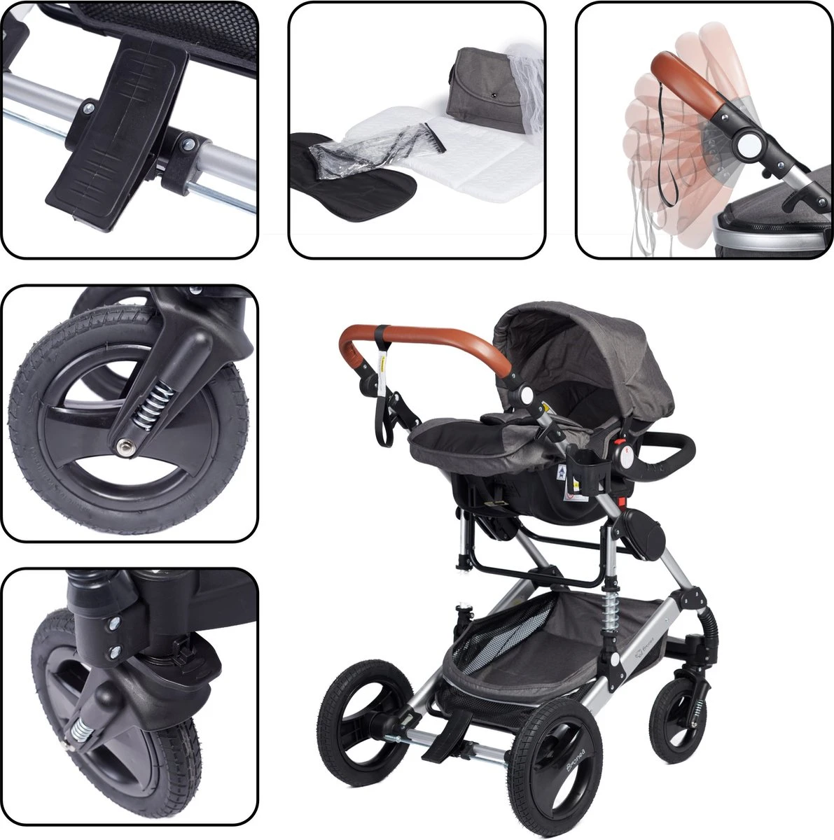 Bronea EXQUISE Luxe Multi-functionele Kinderwagen 3 In 1 | Zwart / Silver | Incl. MATRAS, Buggy, Autostoel, Luiertas, Regenhoes, Voetenwarmer, Muggen Net & Zonneklep - Afbeelding 4