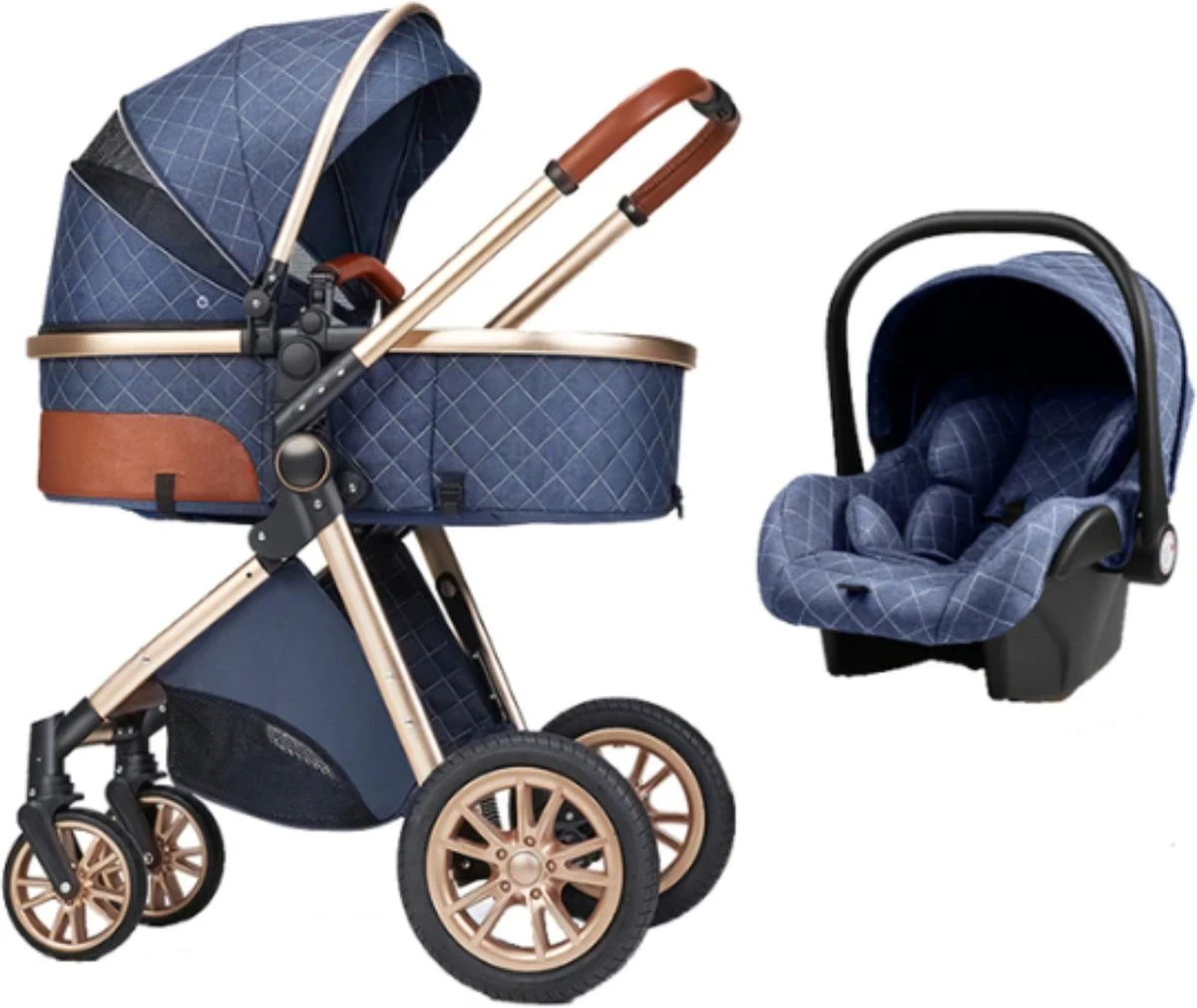 Merkloos Kinderwagen 3-in-1 – Luxe Kinderwagen - Buggy – Wandelwagen - Multifunctioneel – Opklapbaar – Incl Autostoel – Blauw - Afbeelding 10
