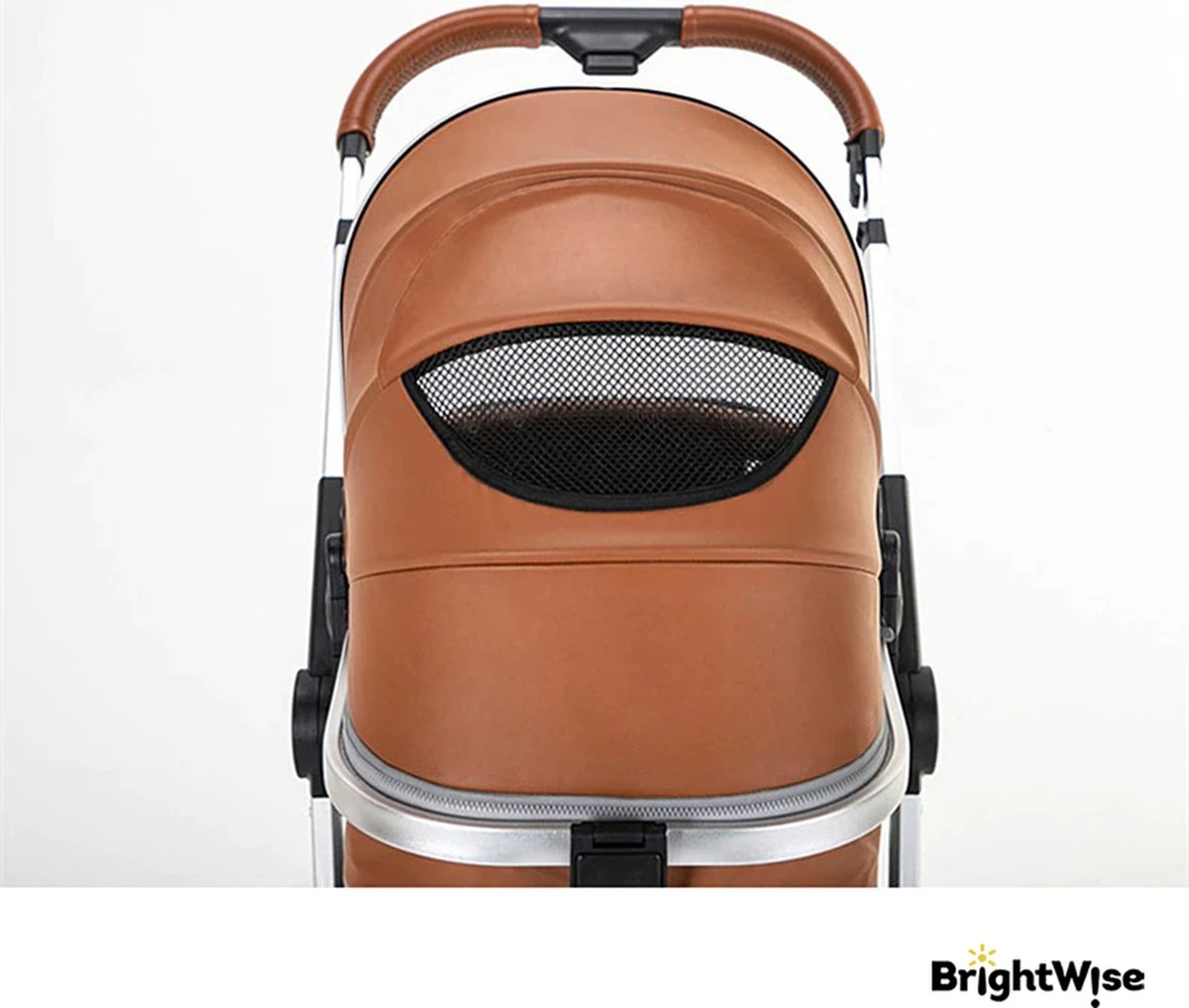 Merkloos BrightWise® Luxe Kinderwagen 3 In 1 Voldoet Aan Alle Europese Veiligheidscertificaten - Wandelwagen - Kinderwagen 3-in-1 Incl Autostoel - Kinderwagen Maxi Cosi – Buggy 3 In 1 - Newborn - Leer - Bruin - Afbeelding 8