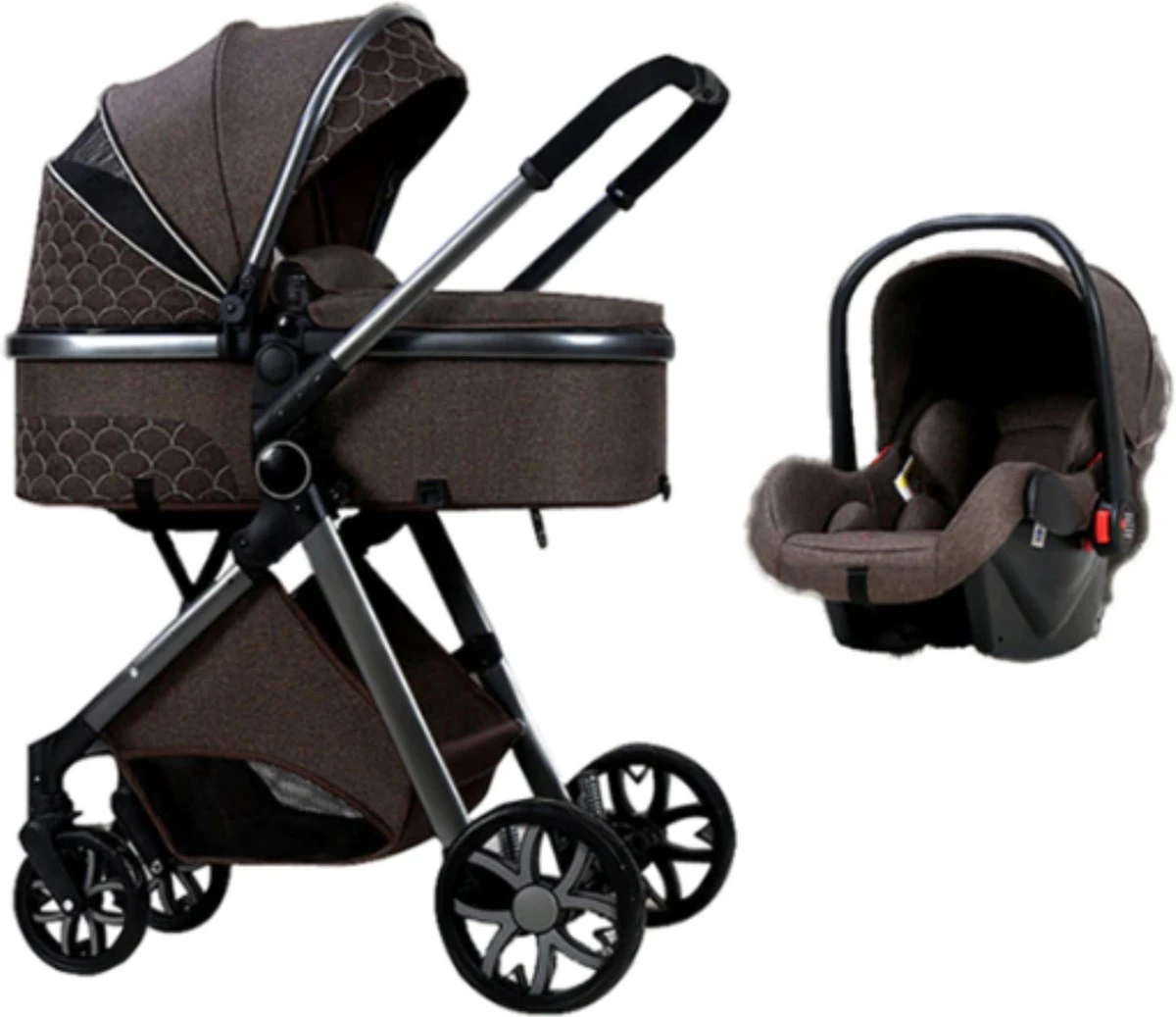 Merkloos Kinderwagen 3-in-1 – Luxe Kinderwagen - Buggy – Wandelwagen - Multifunctioneel – Opklapbaar – Incl Autostoel – Donkerbruin - Afbeelding 6