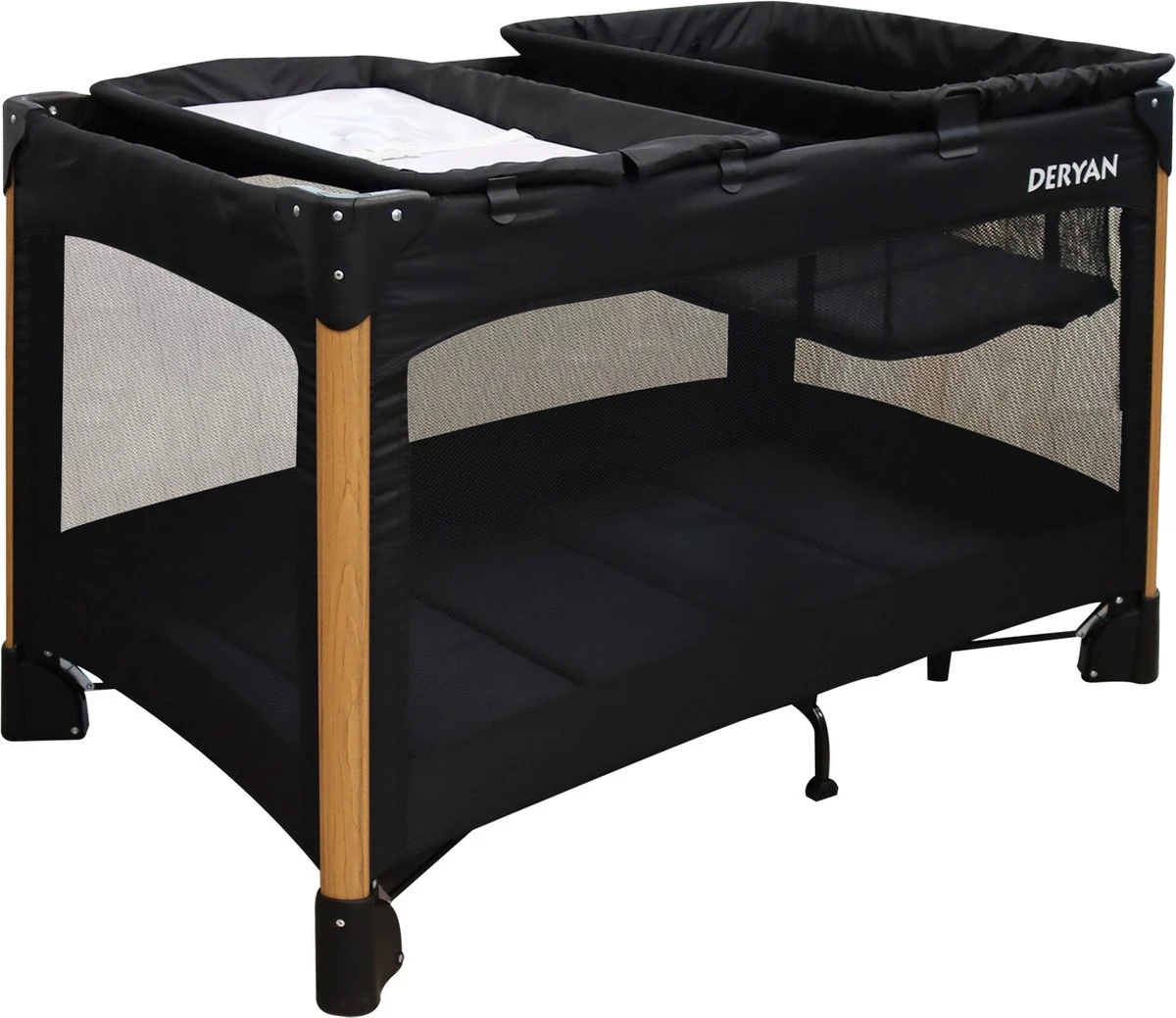 Deryan Luxe Campingbed Compleet - 120x60cm - Bodemverhoger - Verschoonblad - Opbergmand - Zwart - Afbeelding 6