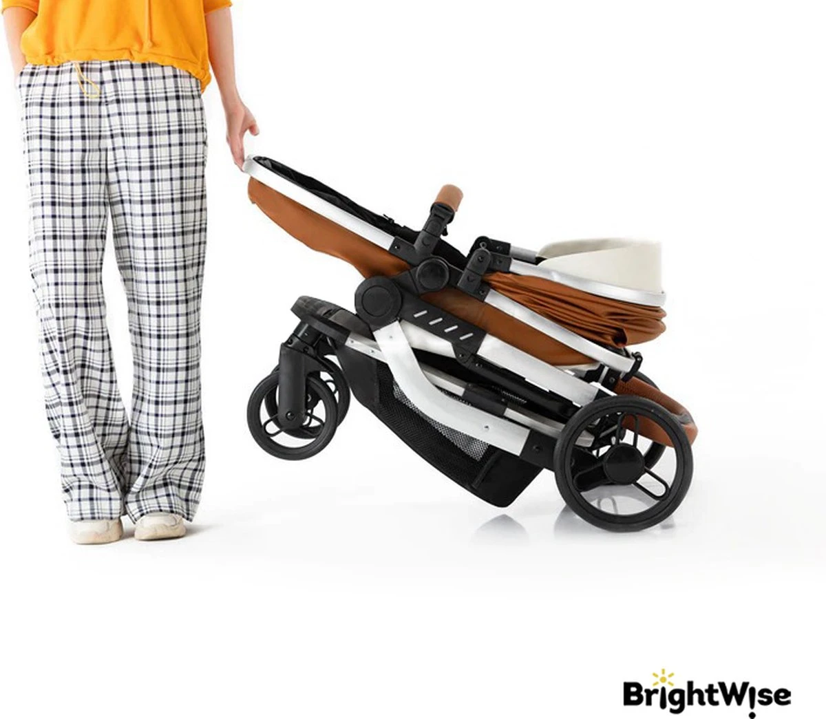 Merkloos BrightWise® Luxe Kinderwagen 3 In 1 Voldoet Aan Alle Europese Veiligheidscertificaten - Wandelwagen - Kinderwagen 3-in-1 Incl Autostoel - Kinderwagen Maxi Cosi – Buggy 3 In 1 - Newborn - Leer - Bruin - Afbeelding 15
