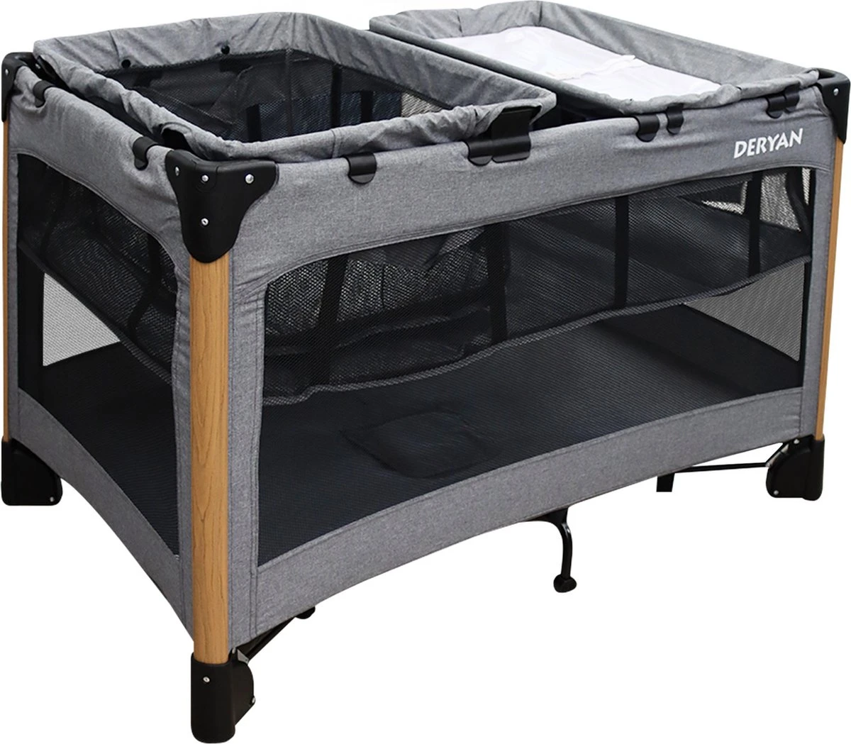 Deryan Luxe Campingbed Compleet - 120x60cm - Bodemverhoger - Verschoonblad - Opbergmand - Grijs - Afbeelding 2