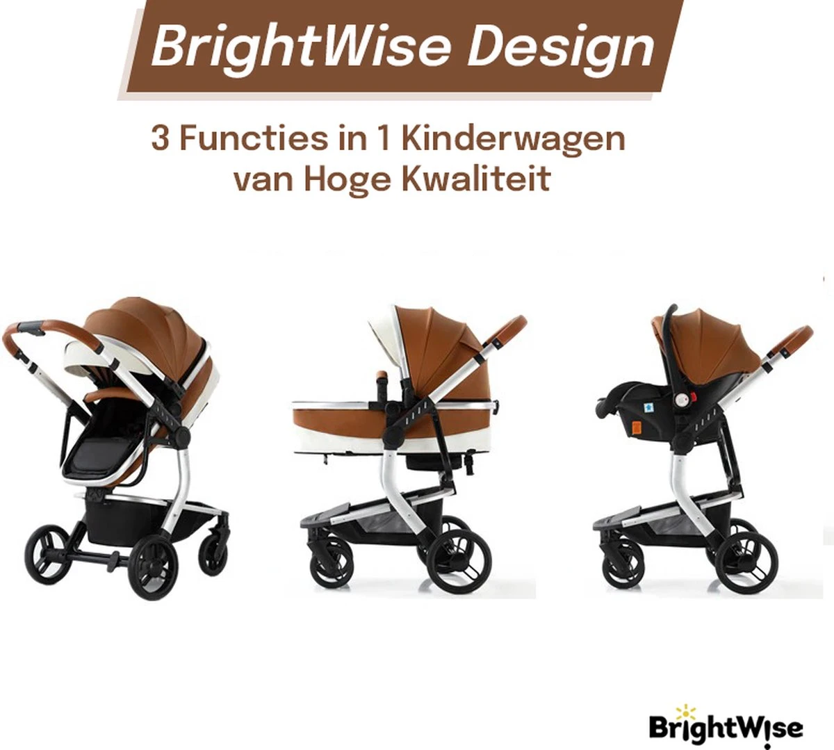 Merkloos BrightWise® Luxe Kinderwagen 3 In 1 Voldoet Aan Alle Europese Veiligheidscertificaten - Wandelwagen - Kinderwagen 3-in-1 Incl Autostoel - Kinderwagen Maxi Cosi – Buggy 3 In 1 - Newborn - Leer - Bruin - Afbeelding 5