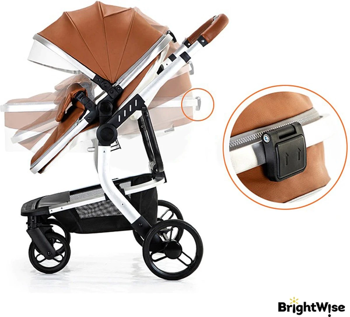 Merkloos BrightWise® Luxe Kinderwagen 3 In 1 Voldoet Aan Alle Europese Veiligheidscertificaten - Wandelwagen - Kinderwagen 3-in-1 Incl Autostoel - Kinderwagen Maxi Cosi – Buggy 3 In 1 - Newborn - Leer - Bruin - Afbeelding 3