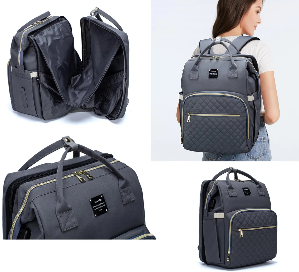 Luiertas - Multifuctioneel Luiertas 3 In 1 - Met Babybedje - Met Verschoningsmatje - Grijs - Met Usb - Met Verdikt Matras - Afbeelding 9