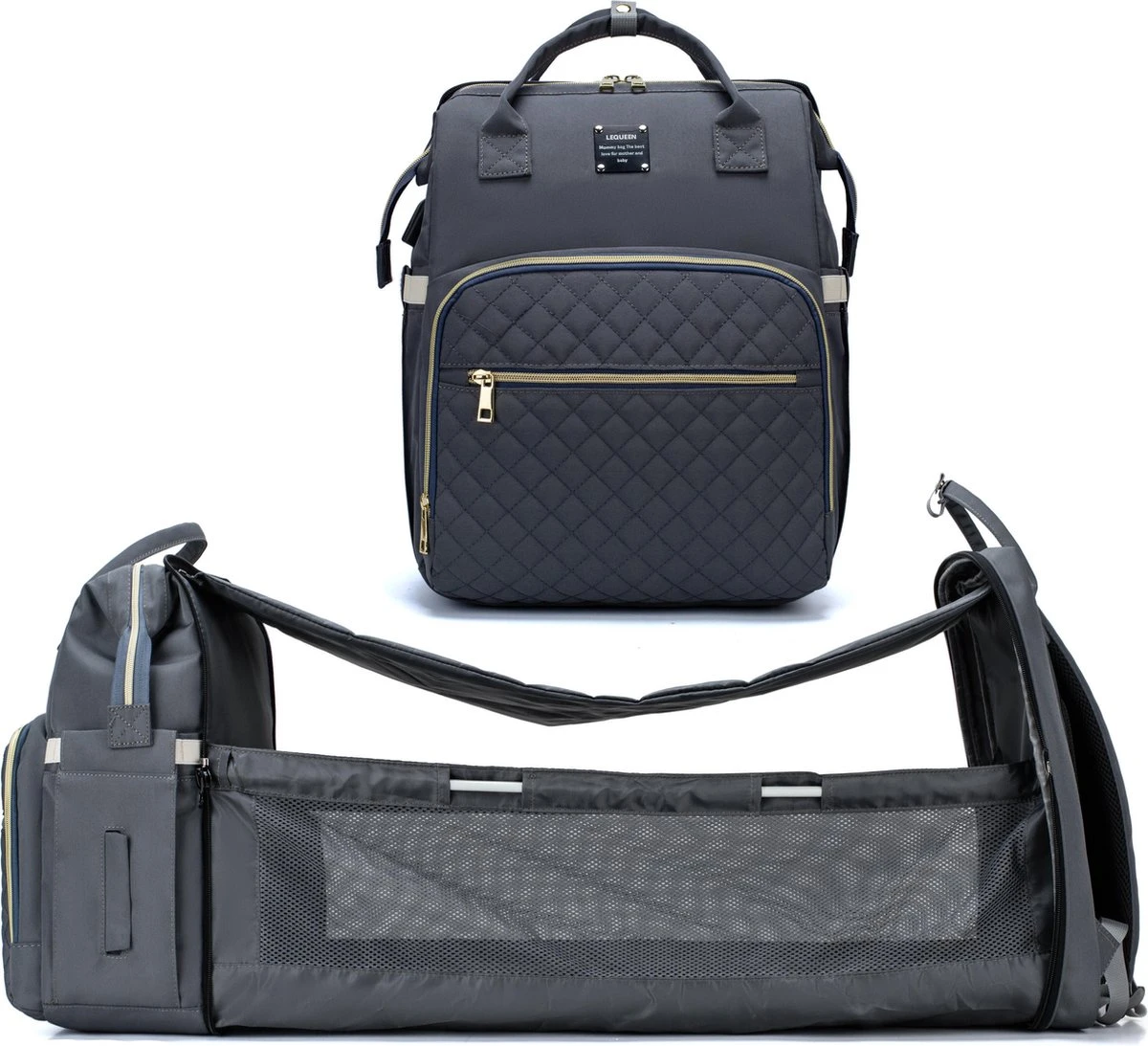 Luiertas - Multifuctioneel Luiertas 3 In 1 - Met Babybedje - Met Verschoningsmatje - Grijs - Met Usb - Met Verdikt Matras - Afbeelding 2