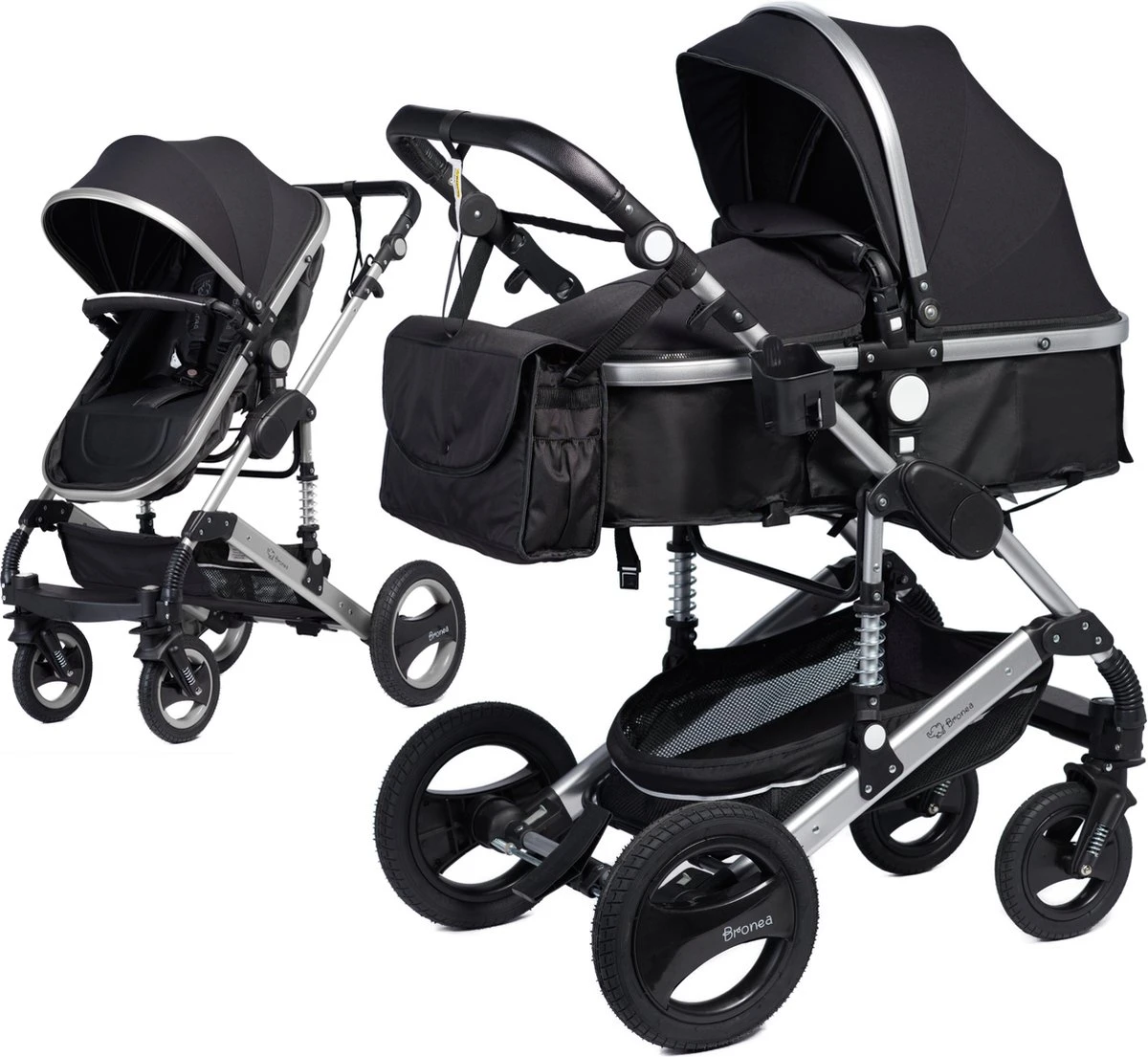 Bronea EXQUISE Luxe Multi-functionele Kinderwagen 3 In 1 | Zwart / Silver | Incl. MATRAS, Buggy, Autostoel, Luiertas, Regenhoes, Voetenwarmer, Muggen Net & Zonneklep - Afbeelding 2
