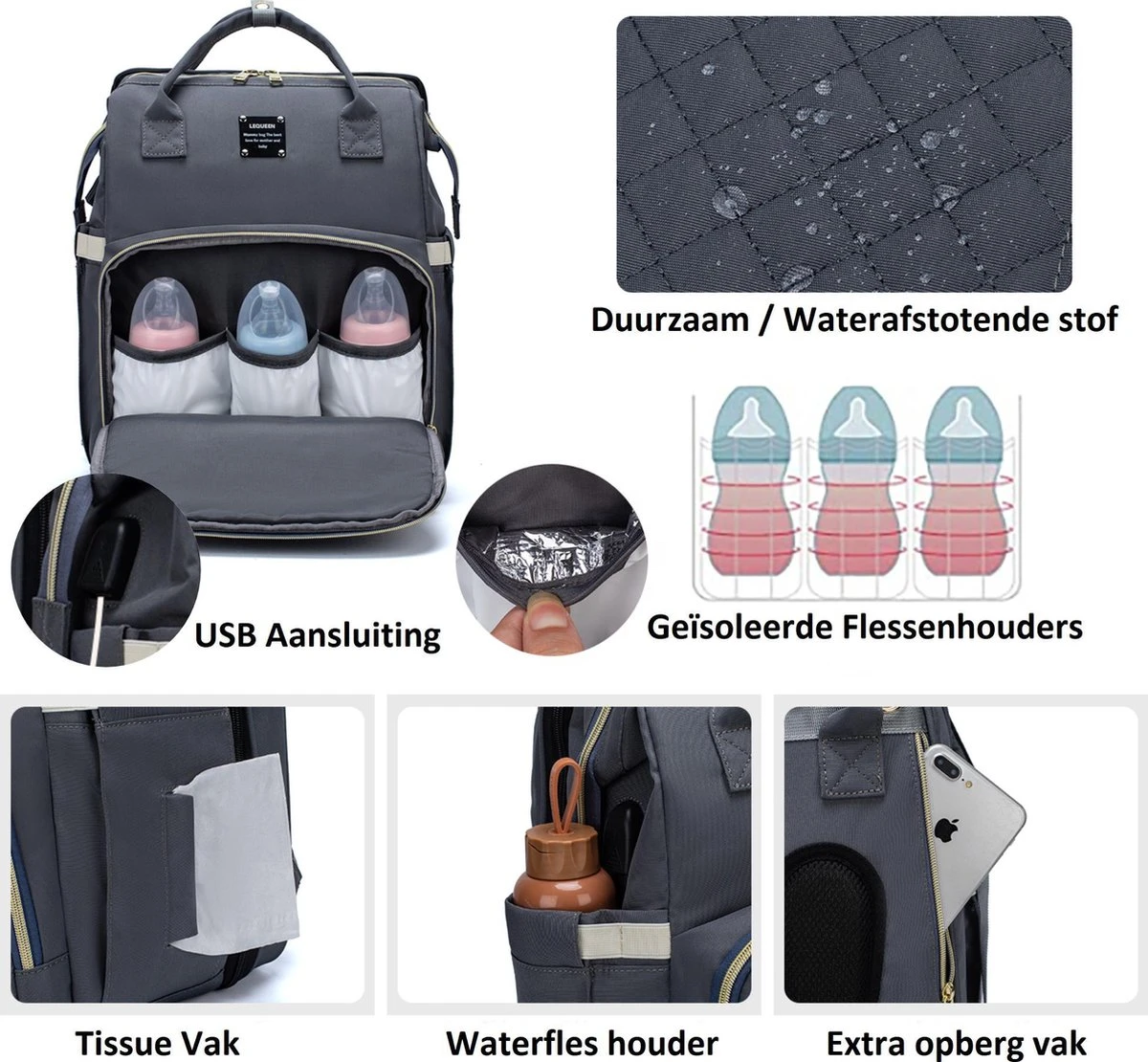 Luiertas - Multifuctioneel Luiertas 3 In 1 - Met Babybedje - Met Verschoningsmatje - Grijs - Met Usb - Met Verdikt Matras - Afbeelding 3