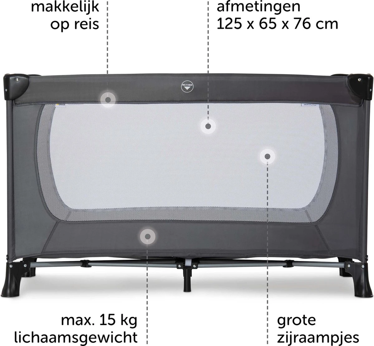 Hauck Dream N Play Plus Campingbedje Set - Met Matras En Muggennet - Grijs - Afbeelding 2