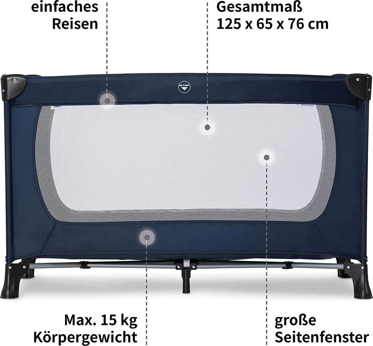 Hauck Dream N Play Plus Campingbedje Set - Met Matras En Muggennet - Navy - Afbeelding 2