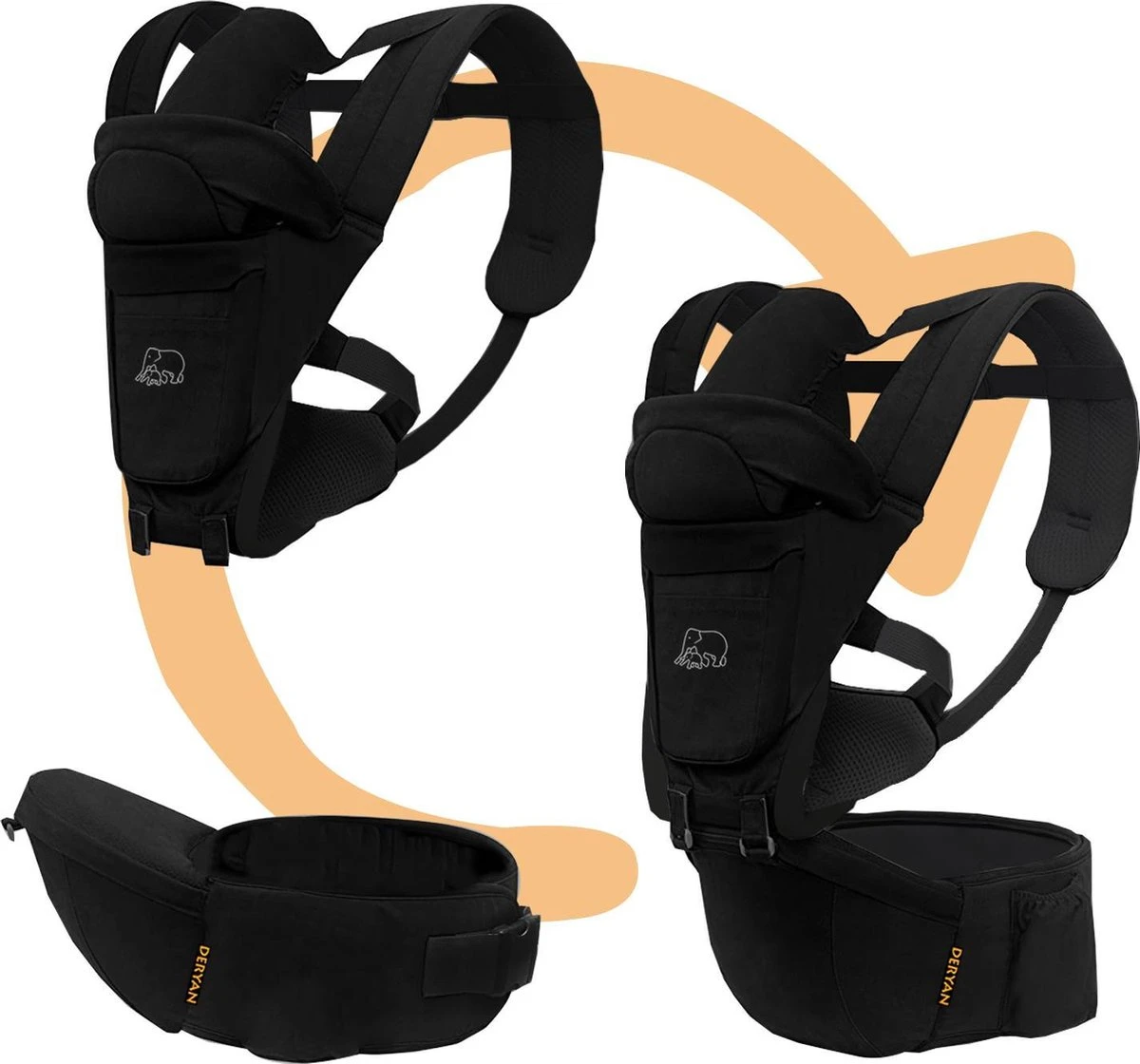 Deryan Pack Luxe Ergonomische Draagzak - Babydrager + Opbergvakjes - Zwart - Afbeelding 10