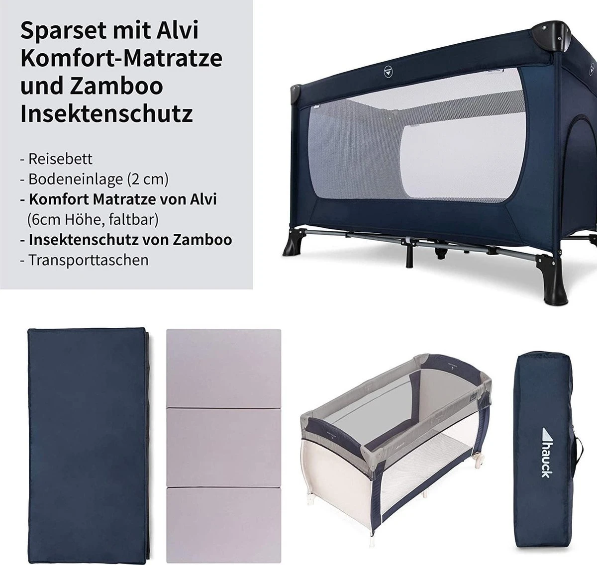 Hauck Dream N Play Plus Campingbedje Set - Met Matras En Muggennet - Navy - Afbeelding 7