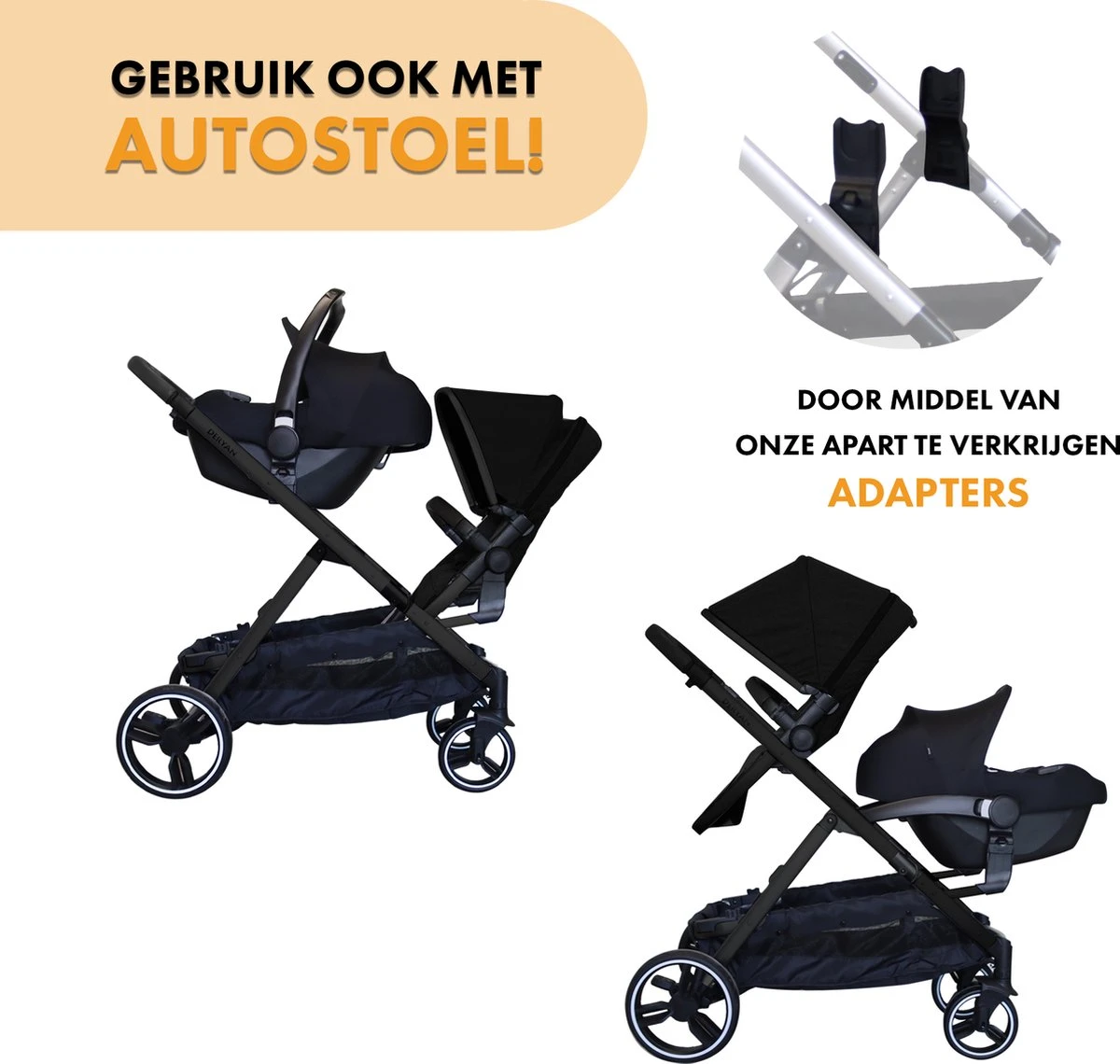 Deryan Evy Kinderwagen - Duo Kinderwagen - Uitbreidbaar - Inclusief Reiswieg - Zwart - Afbeelding 9