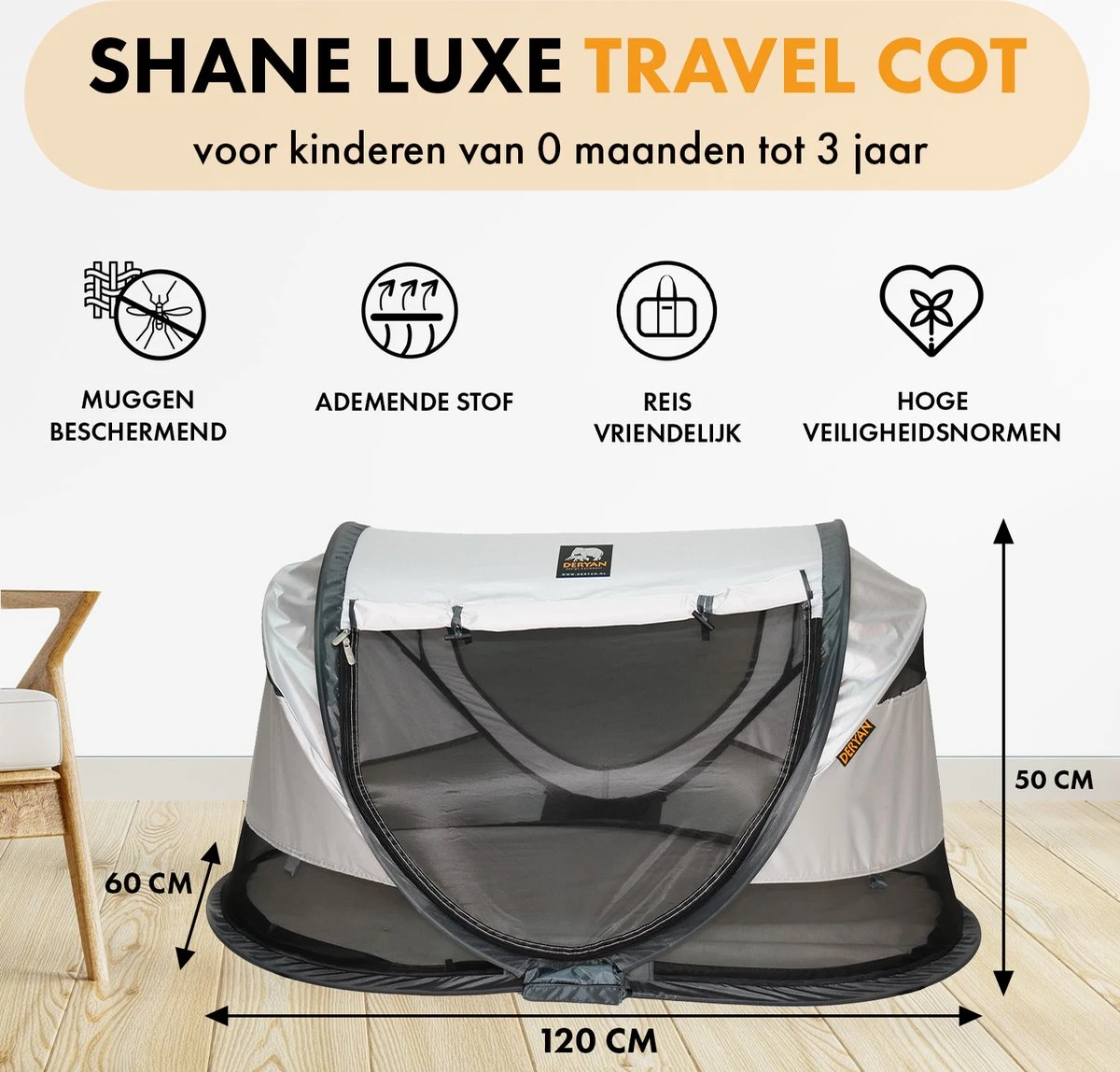 Deryan Shane Luxe 2023 Campingbedje - Baby Tent - Anti-UV 50+ - Peuterbed - Silver - Afbeelding 2