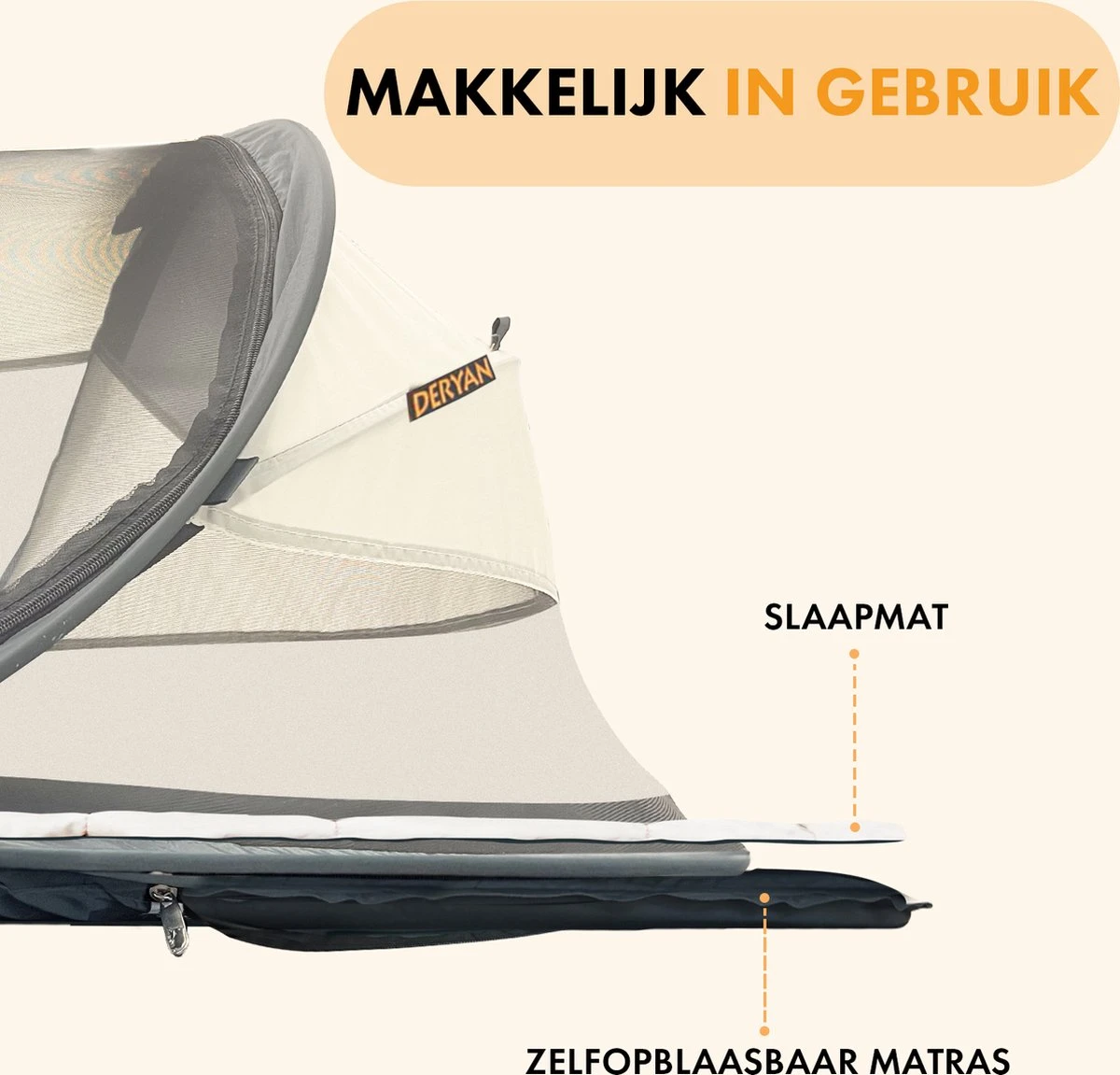Deryan Baby Luxe Campingbedje – Inclusief Zelfopblaasbare Matras - Cream - Afbeelding 5