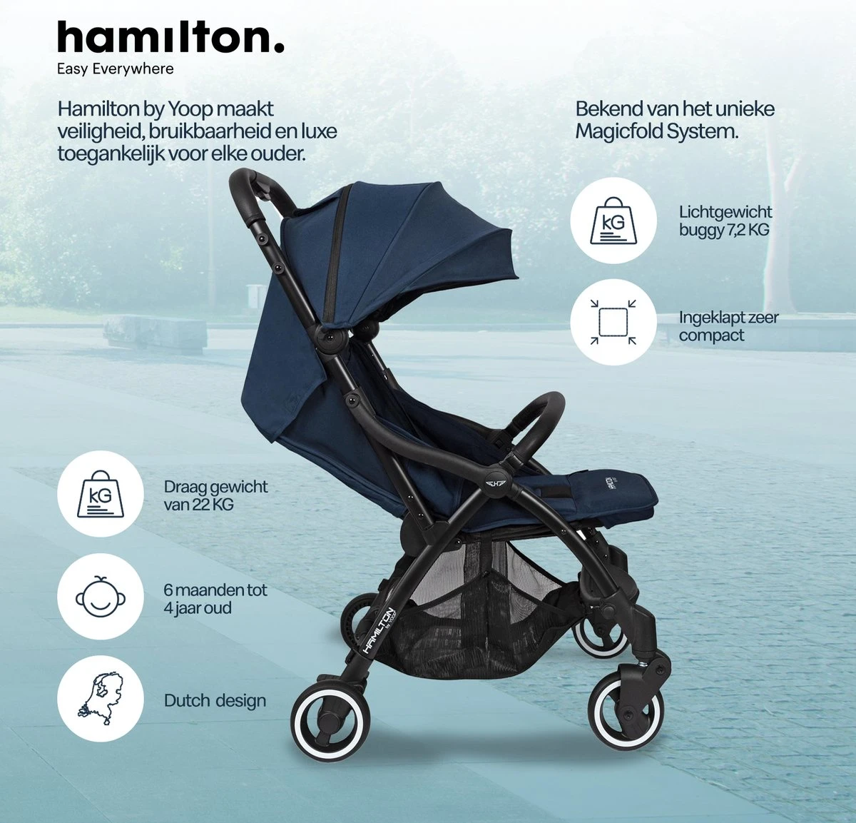Hamilton By Yoop One Prime X1 Buggy - Premium Stroller Met One Hand Folding Technologie - Blauw - Lichte, Verstelbare En Wendbare Kinderwagen Met Vele Gemakken - Afbeelding 5