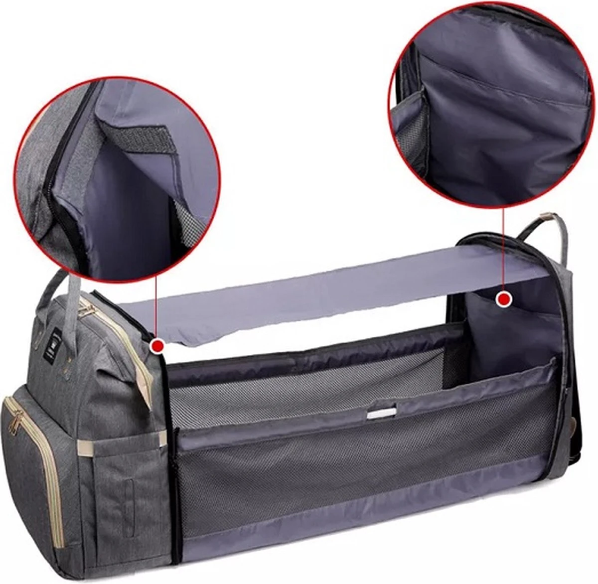 Luier- En Verzorgingstas - Luiertassen - Baby Rug Tas Met Isoleervak - Incl Flessen Verwarmer - Luiertas - Unisex/Jongens/Meisjes - Grijs - Luier Tas - Verzorgingstas Baby - Uitschuifbaar Verschoon/ Slaap Bedje - Incl Matrasje Baby - USB Poort - Afbeelding 2