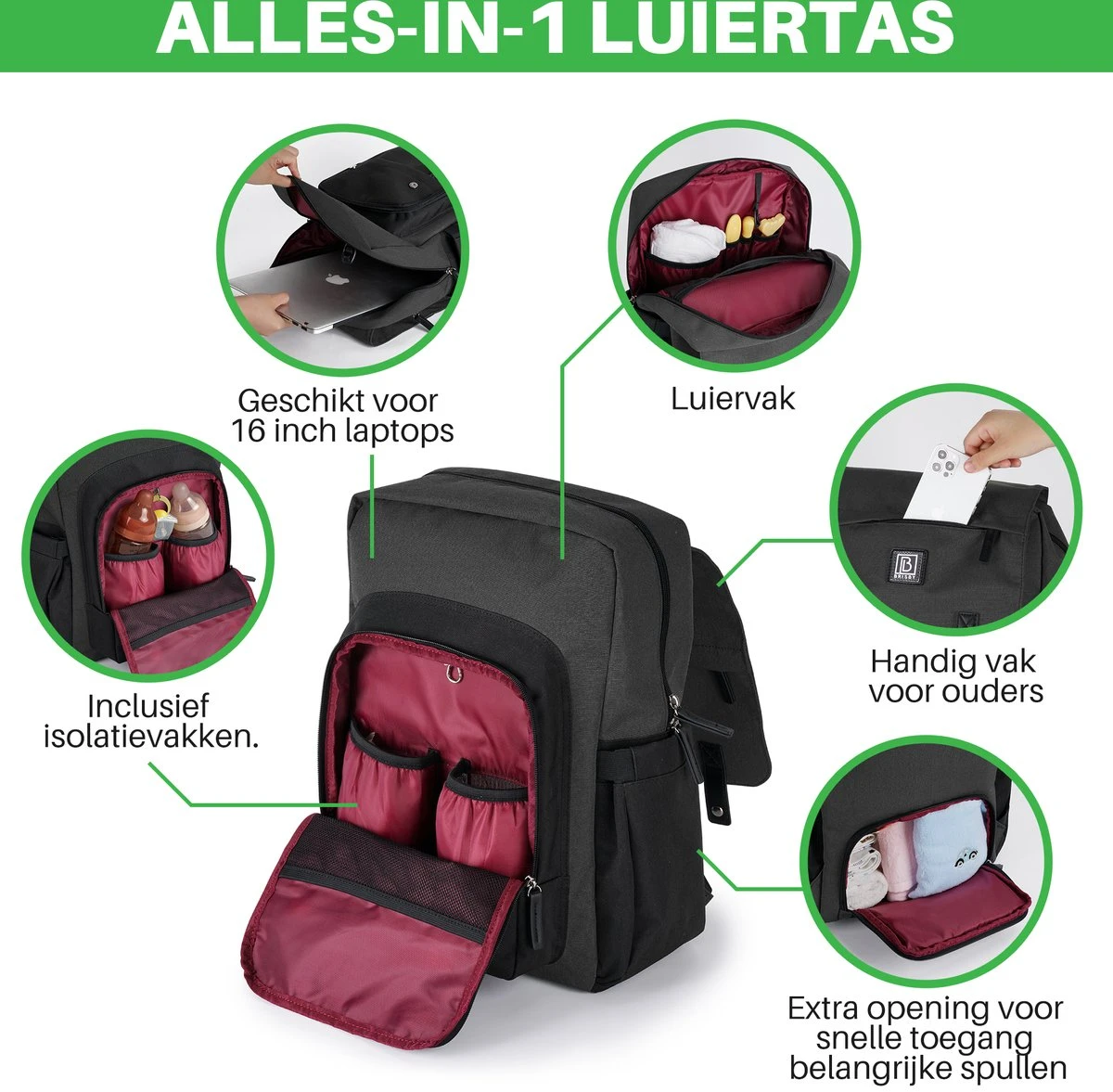 Brisby Slijtvaste Luiertas – Verzorgingstas - Two Tone Zwart En Donkergrijs - Inclusief Verschoonmatje - Isoleervakken - Met Geïntegreerde Kinderwagen Haken - Afbeelding 2