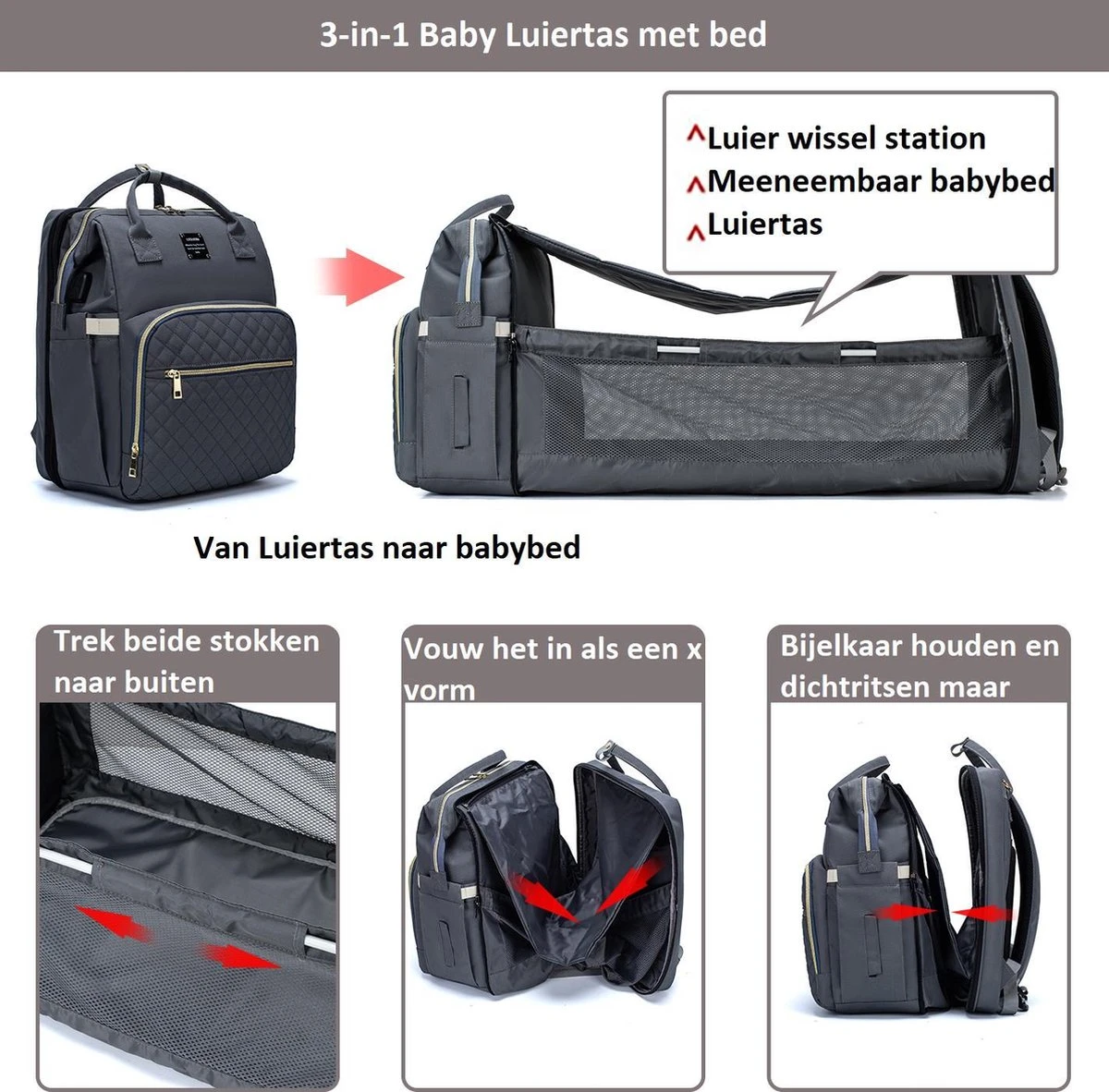Luiertas - Multifuctioneel Luiertas 3 In 1 - Met Babybedje - Met Verschoningsmatje - Grijs - Met Usb - Met Verdikt Matras - Afbeelding 11