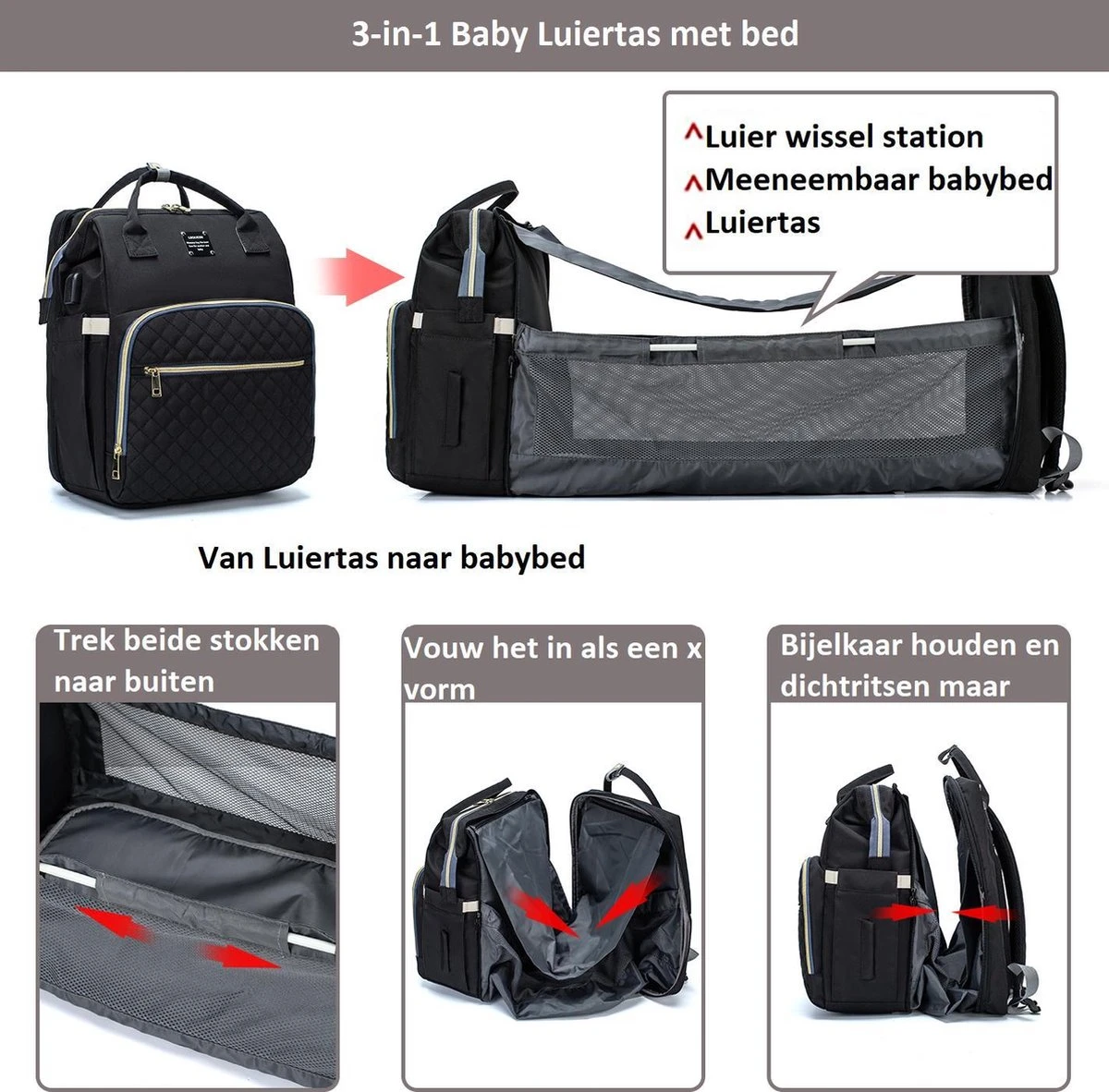Luiertas - Multifuctioneel Luiertas 3 In 1 - Met Babybedje - Met Verschoningsmatje - Zwart - Met Usb - Met Verdikt Matras - Afbeelding 10