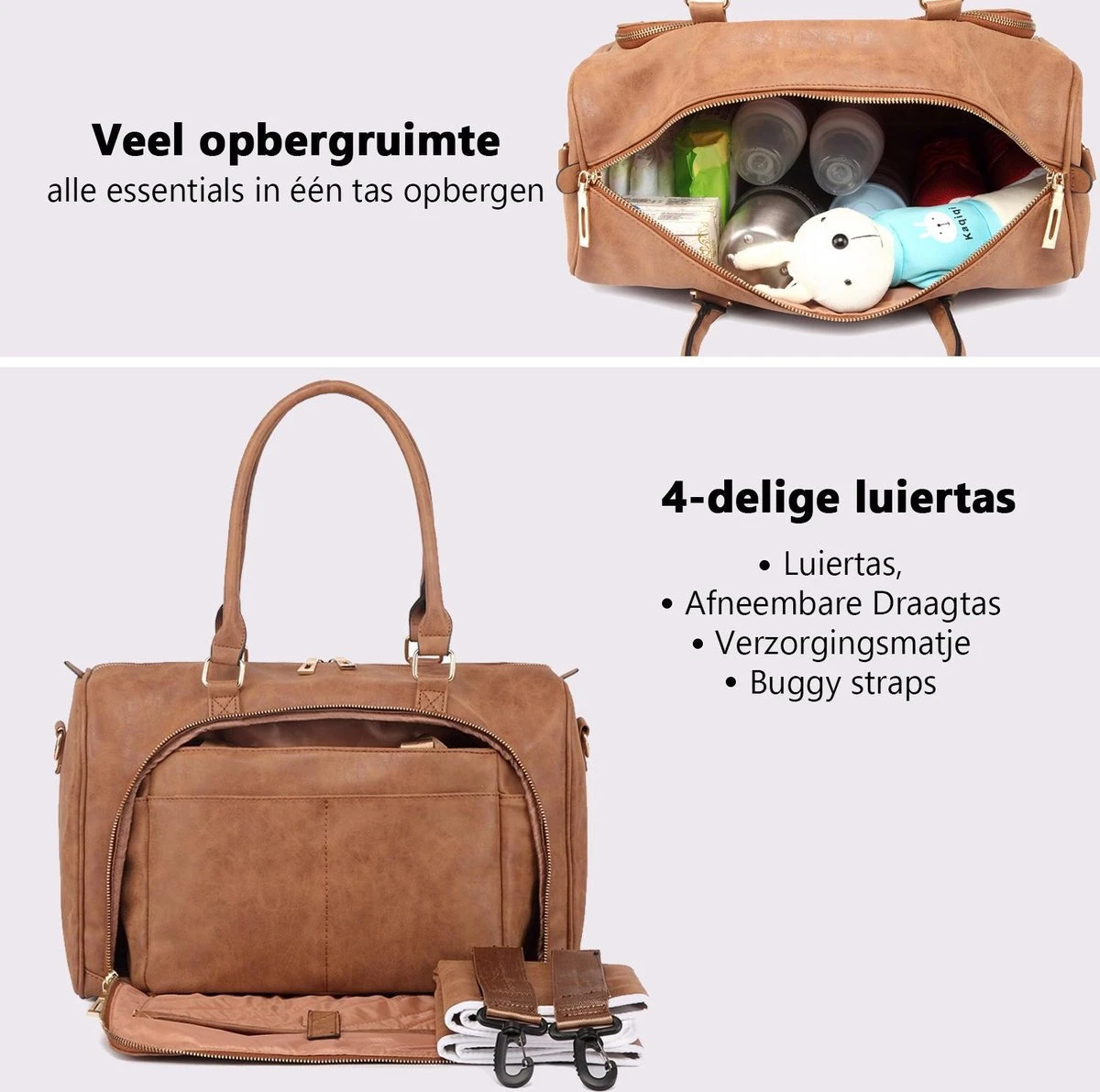 Miss Lulu Luier- En Verzorgingstas – Luiertas Set – Afneembare Draagtas - Duurzaam En Stijlvol – Bruin - Premium Kwaliteit- Grote Capaciteit - Unisex/Jongens/Meisjes (LT6638 BN) - Afbeelding 2