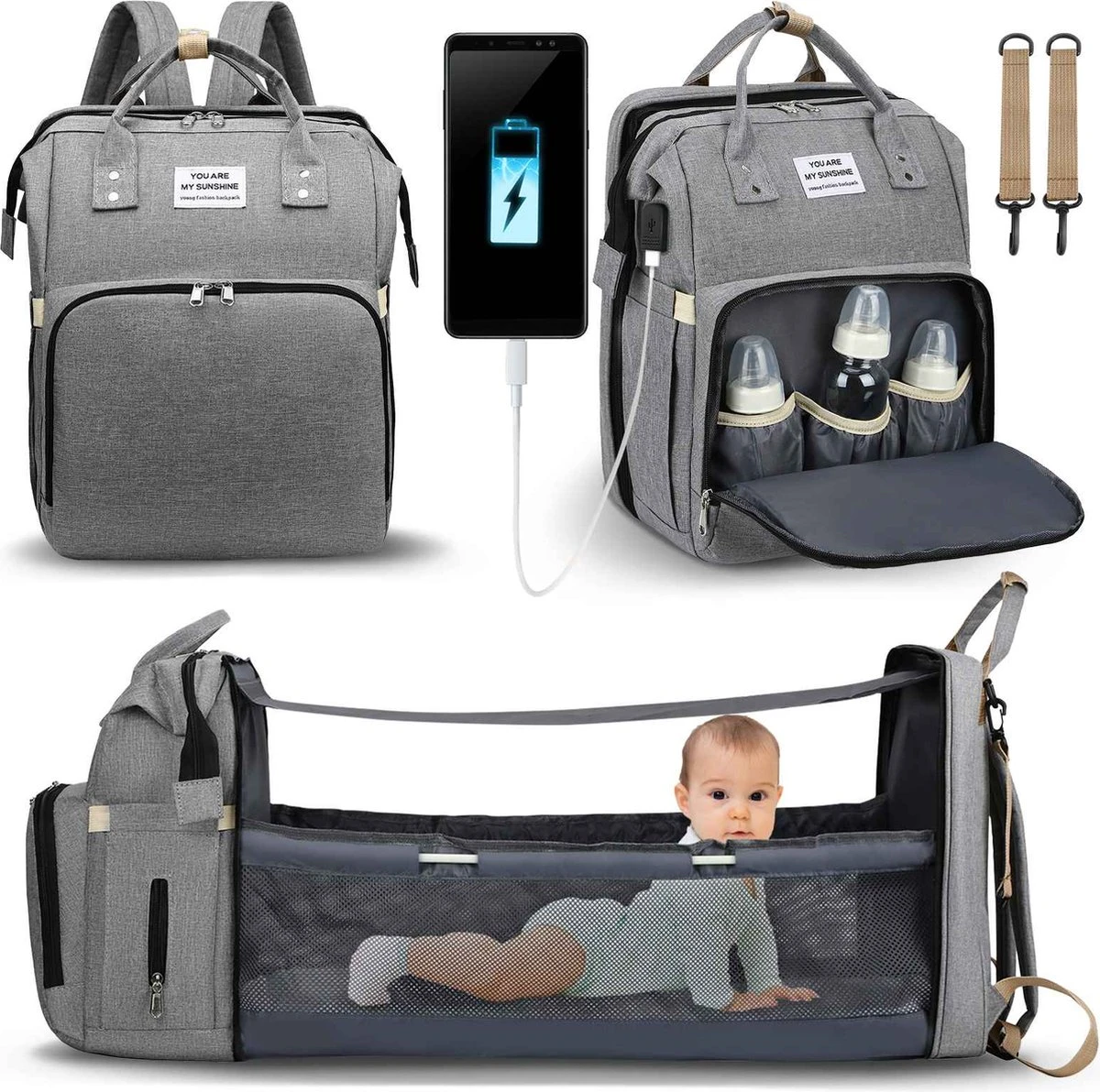 Product Plaza - Luier- En Verzorgingstas - Baby Rug Tas Met Bed - Reis Rugzak - Grote Capaciteit - Jongens En Meisjes - Grijs - Luier Tas - Verzorgingstas Baby - Uitschuifbaar Verschoon/ Slaap Bedje – Multifunctionele Rugzak 0-1 Jaar –