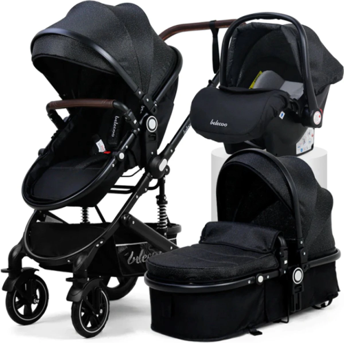 Belecoo - Luxe Kinderwagen - 3-in-1 Buggy - Opklapbare Wandelwagen - Autostoel - Wieg - Multifunctioneel - Zwart