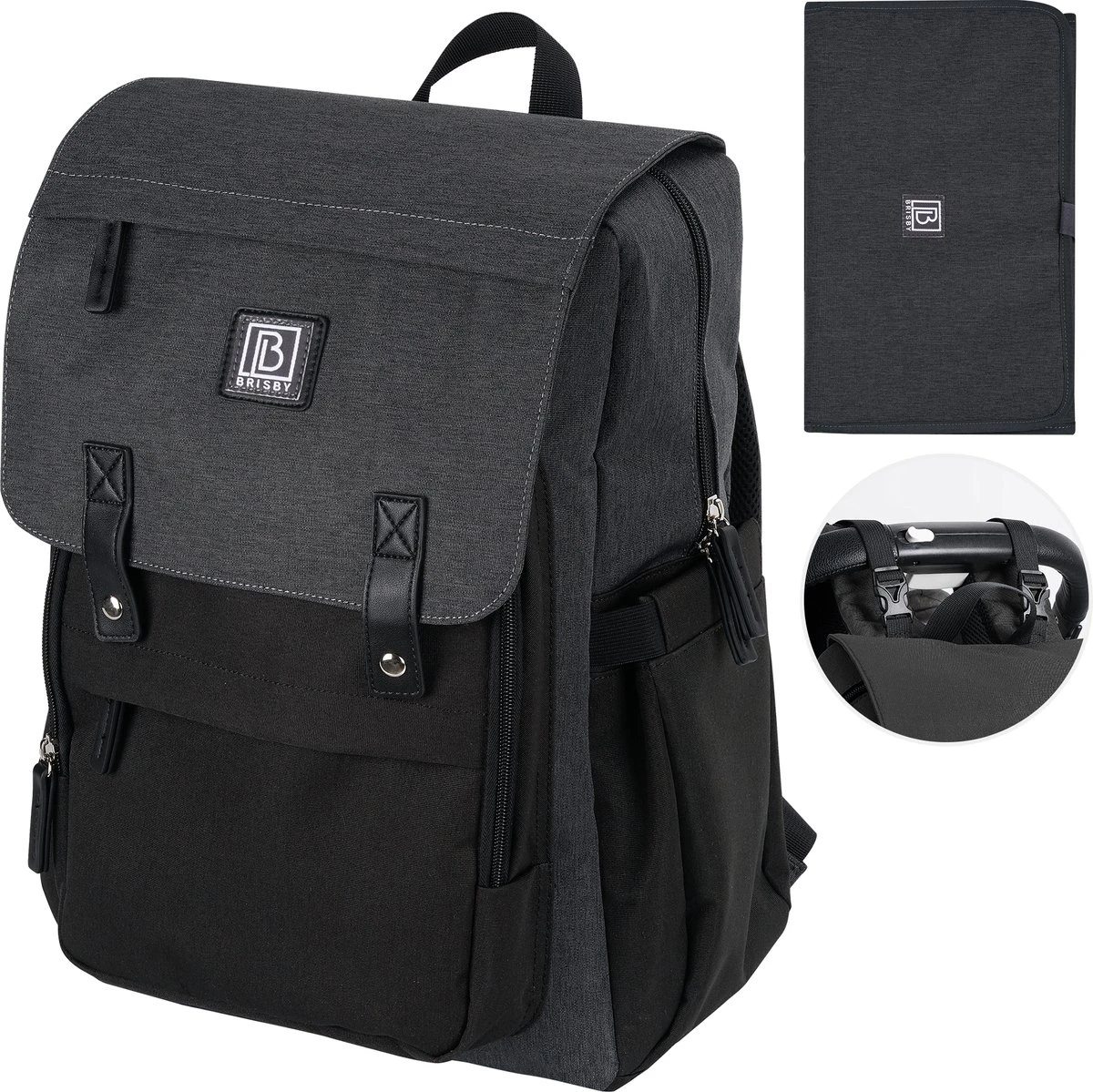 Brisby Slijtvaste Luiertas – Verzorgingstas - Two Tone Zwart En Donkergrijs - Inclusief Verschoonmatje - Isoleervakken - Met Geïntegreerde Kinderwagen Haken