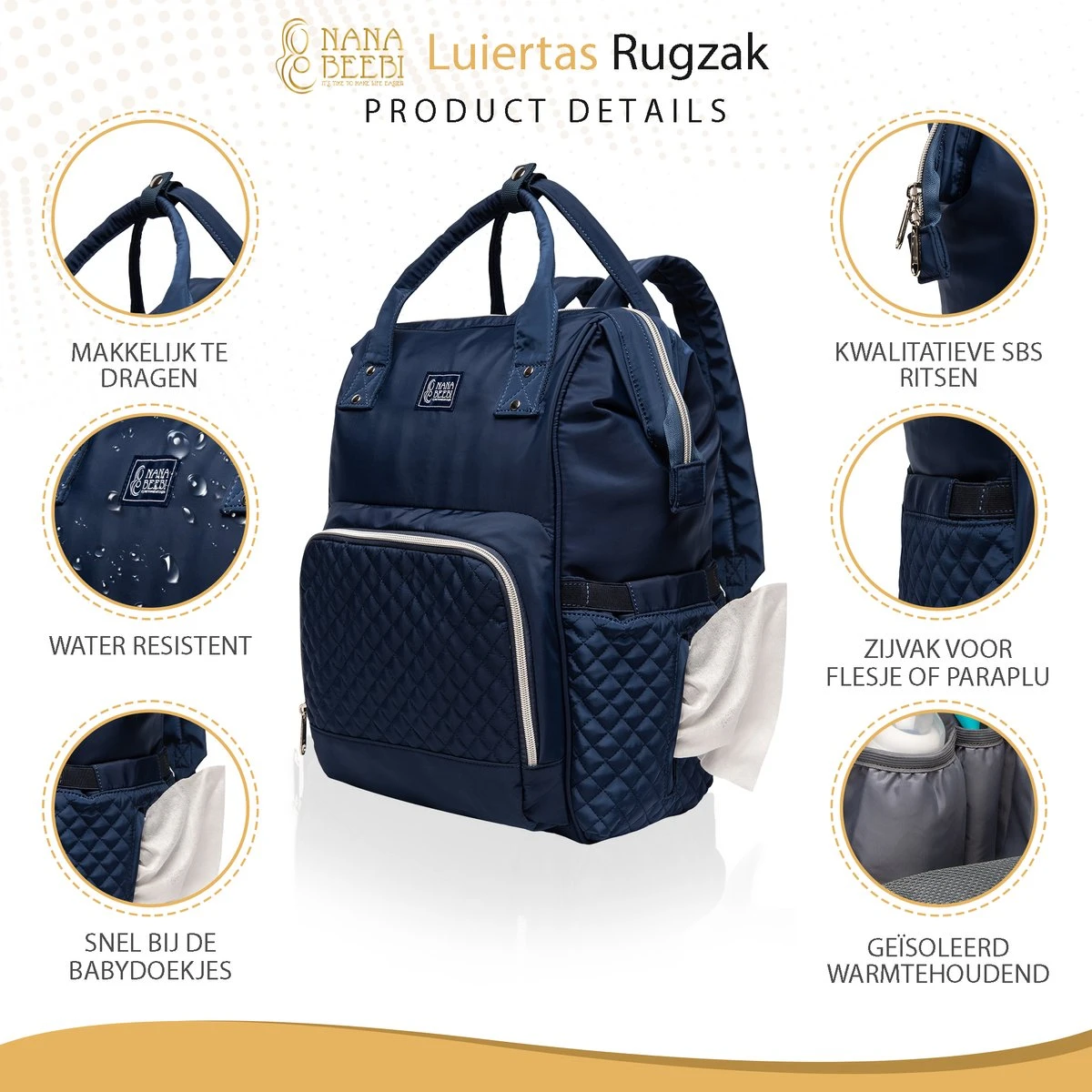 NanaBeebi Luiertas - Rugzak - Met Isoleervak - Blauw- Inclusief Flessenwarmhouder En Kinderwagenhaken - Afbeelding 2