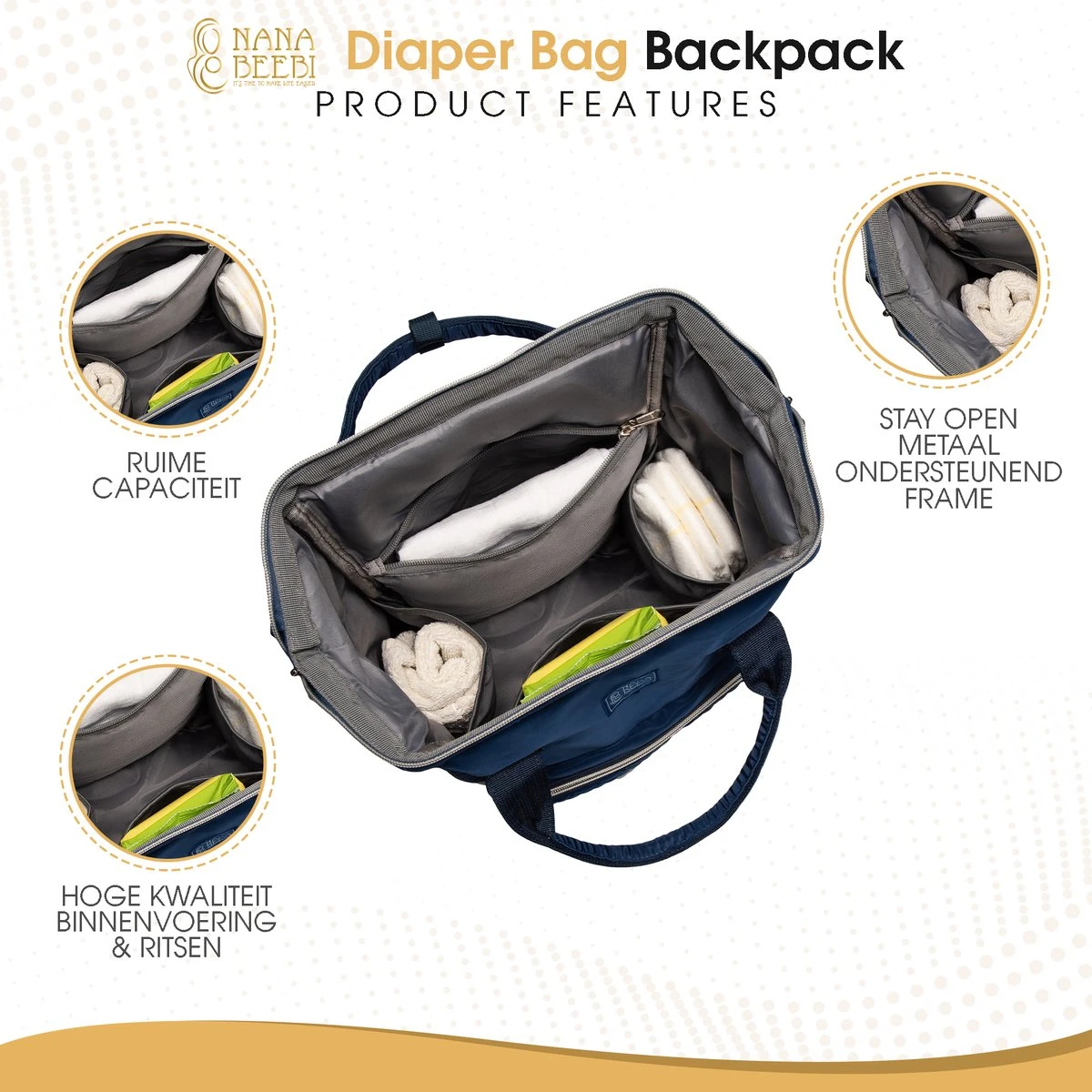 NanaBeebi Luiertas - Rugzak - Met Isoleervak - Blauw- Inclusief Flessenwarmhouder En Kinderwagenhaken - Afbeelding 8