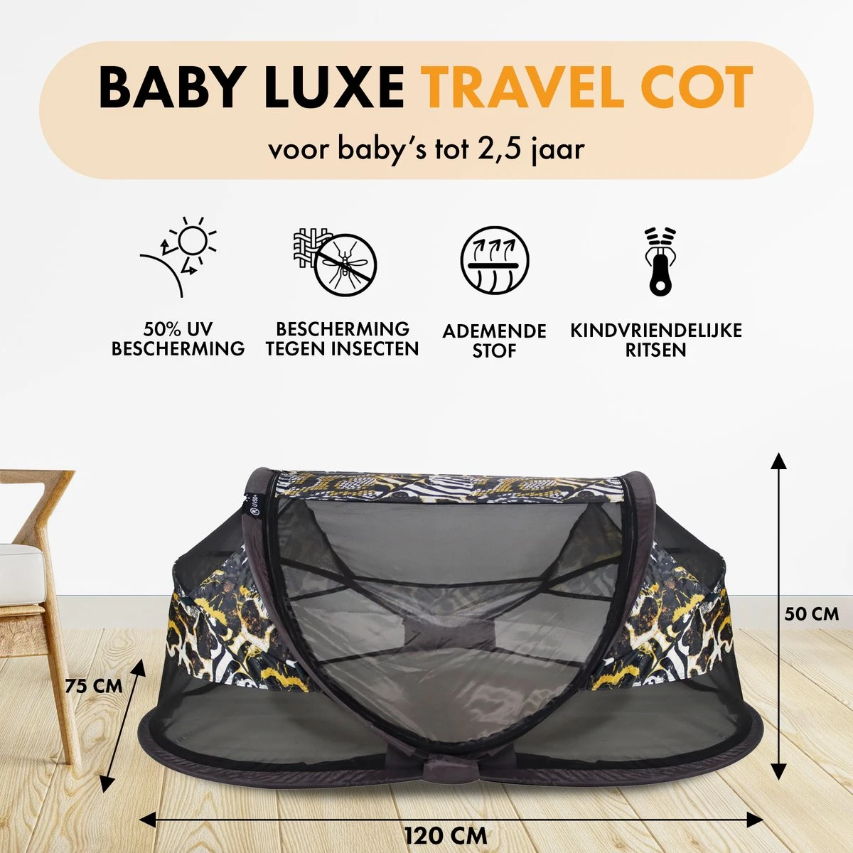 Deryan Baby Luxe Campingbedje – Inclusief Zelfopblaasbare Matras - Zoo - Afbeelding 2