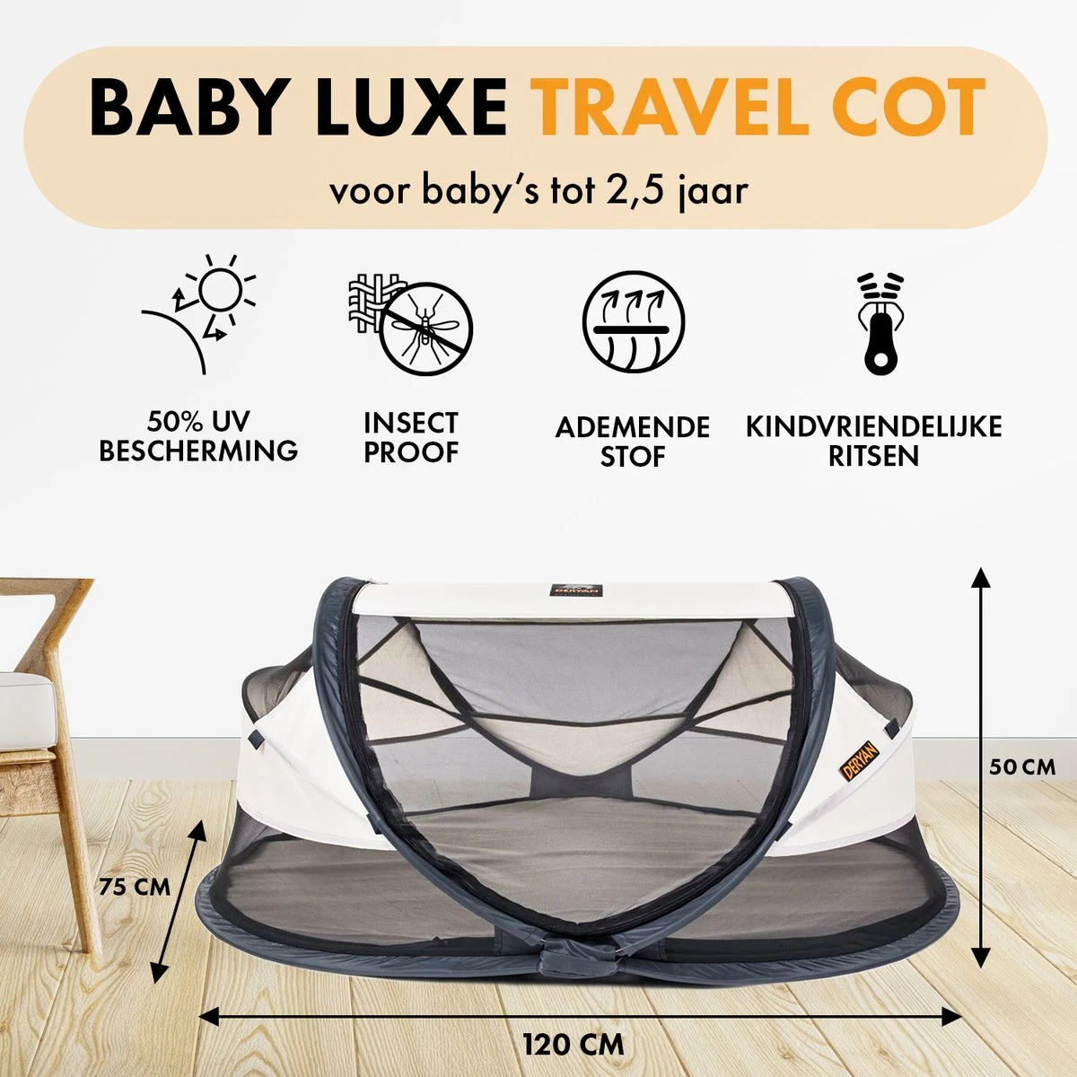 Deryan Baby Luxe Campingbedje – Inclusief Zelfopblaasbare Matras - Cream - Afbeelding 2
